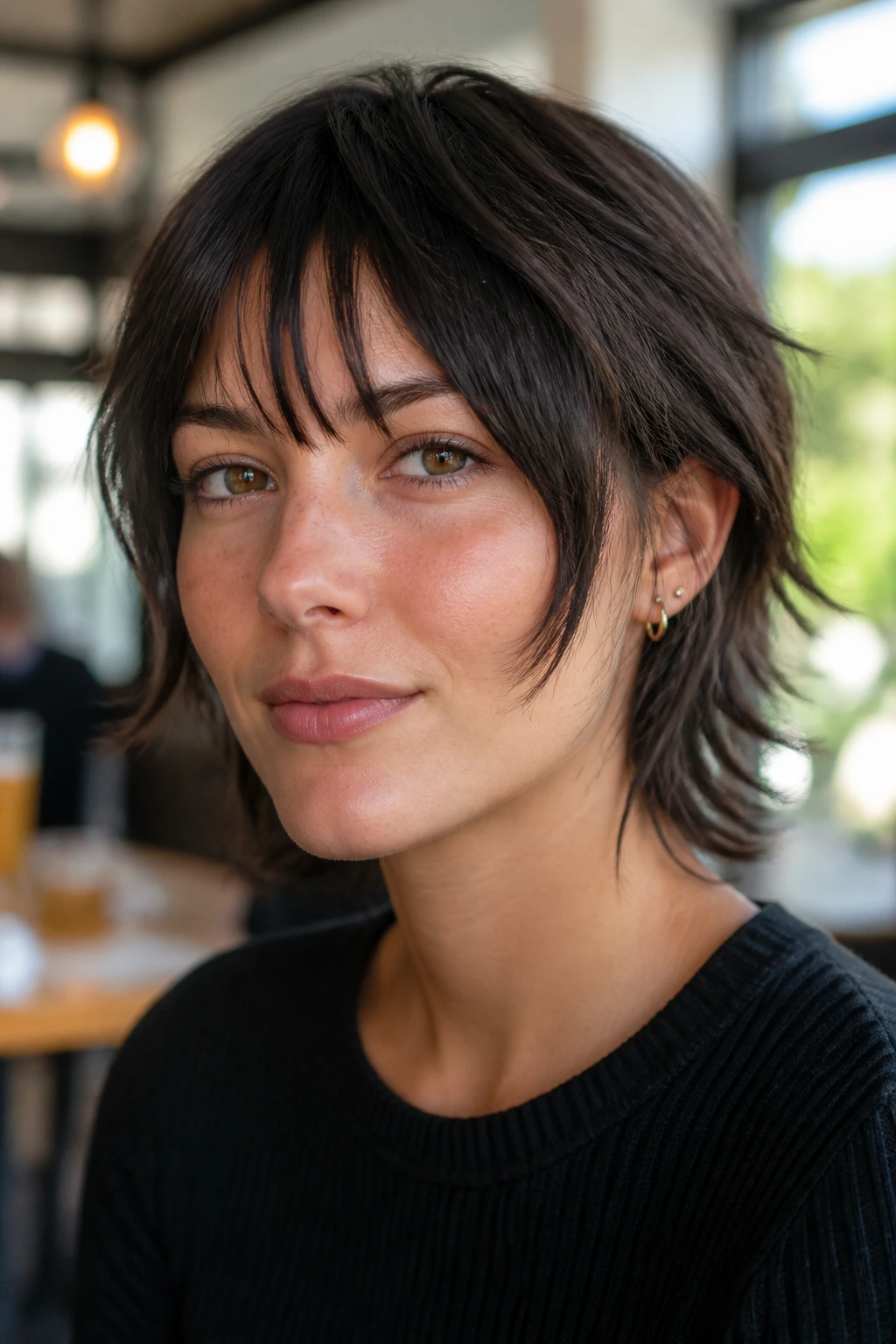 Real person with short sliced shag and piecey front bangs in natural light.