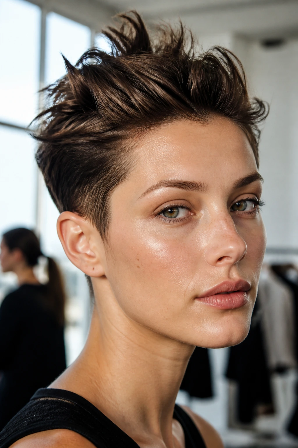 Close-up of a real woman with an editorial short spike updo during a backstage fashion shoot