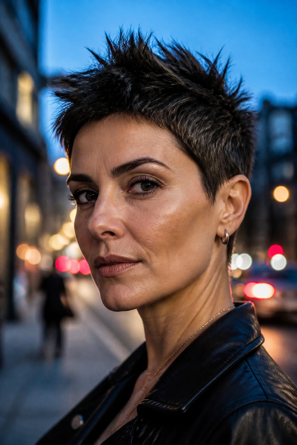 Close-up of a real woman with a short spiky crop hairstyle