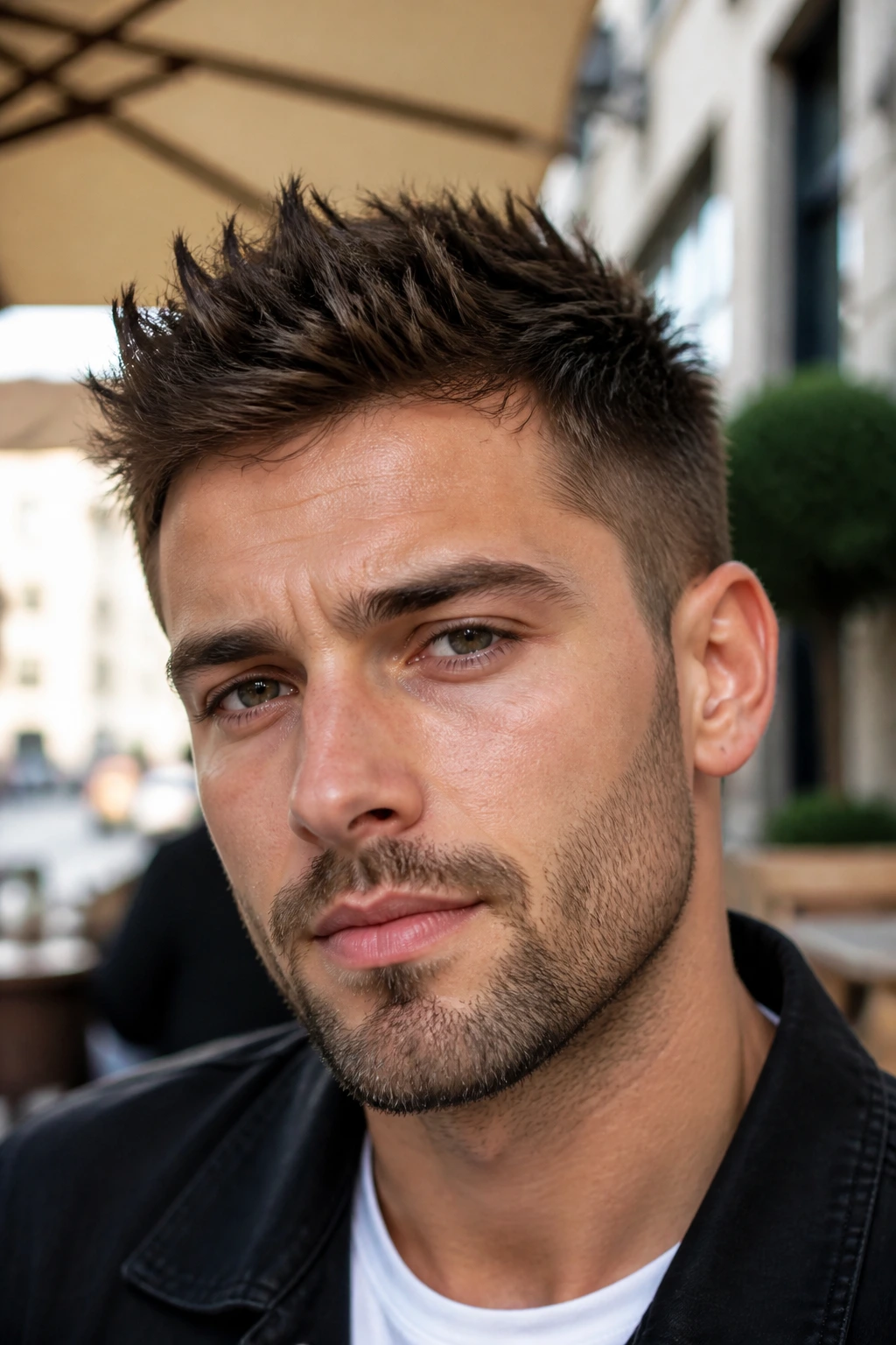 Close-up portrait of a real man with short spiky hair outdoors