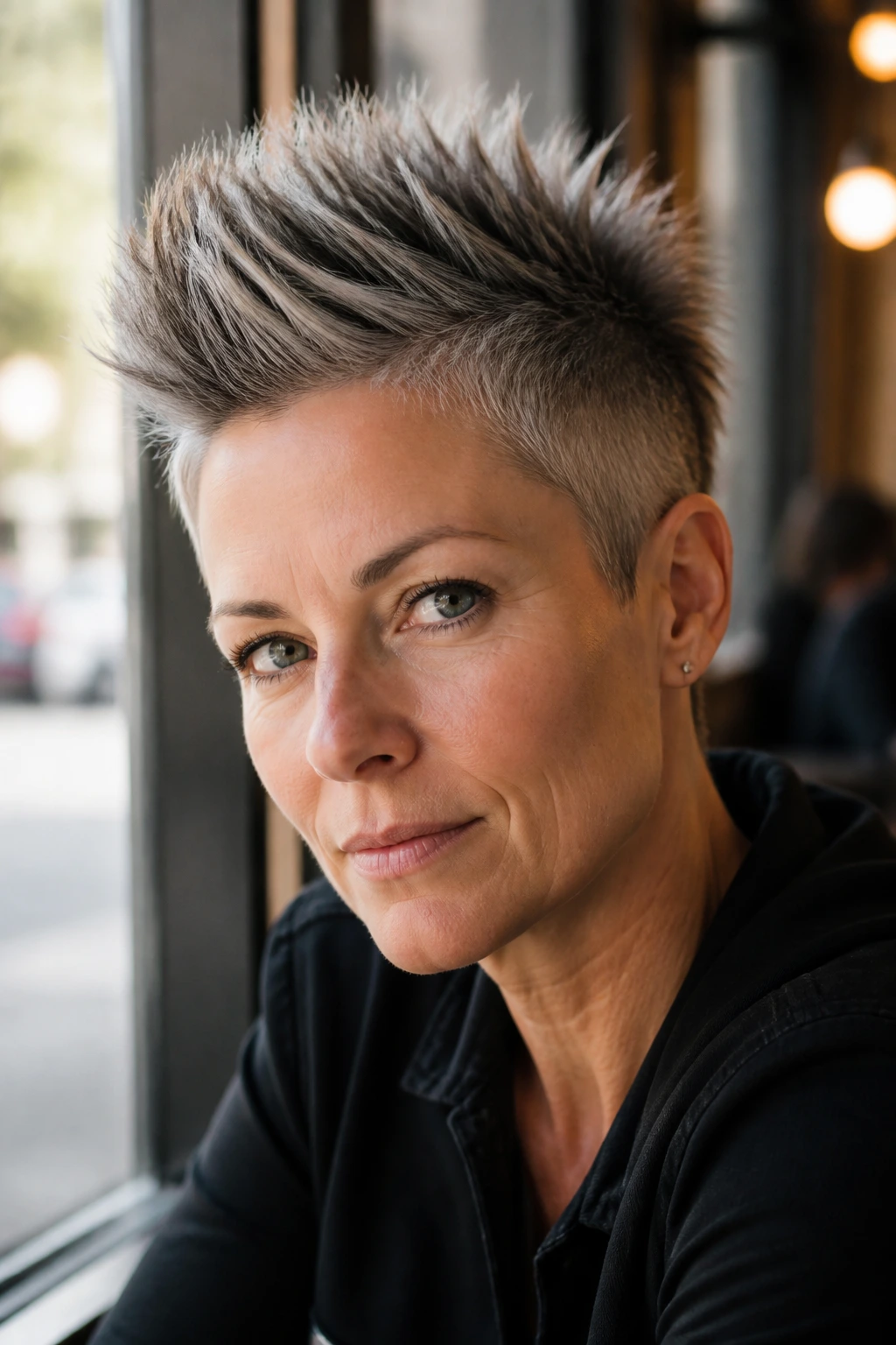 Close-up portrait of a real woman with a short spiky salt-and-pepper mohawk