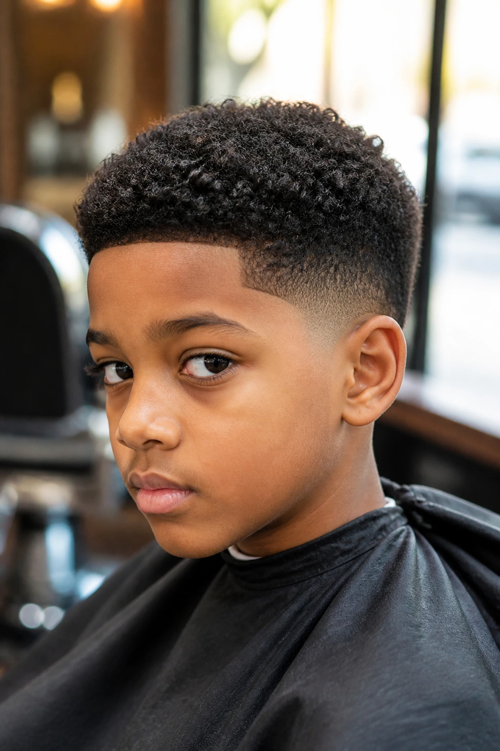 Close-up of a real boy with a short sponge curl taper, textured curls and tapered sides