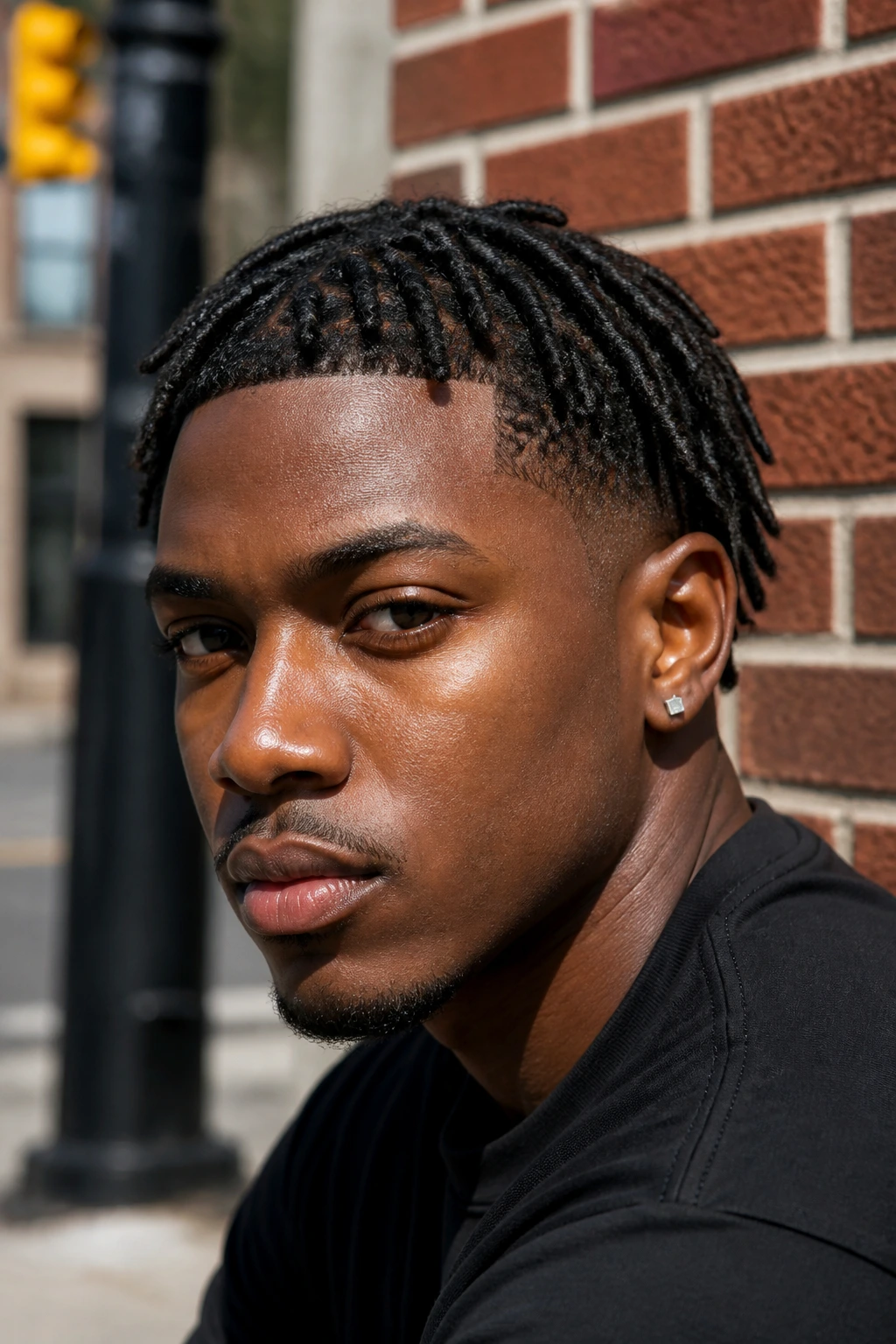 Close-up of a man with short starter locs and clean line-up