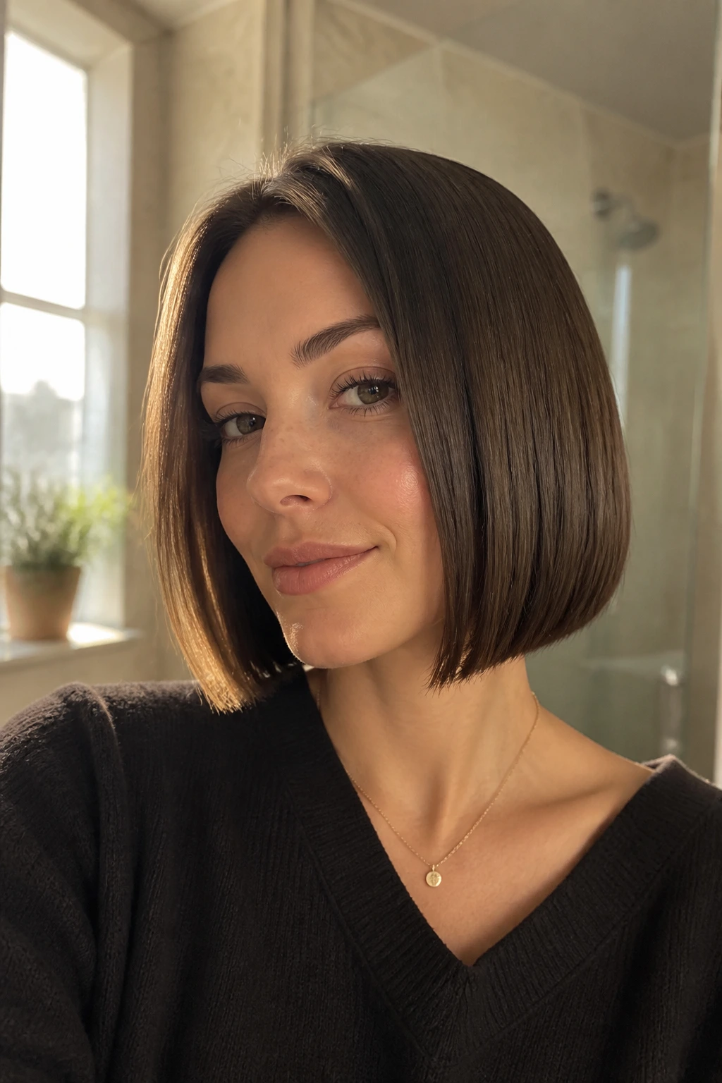 Close-up of a real woman with a short straight bob showing shape retention between washes