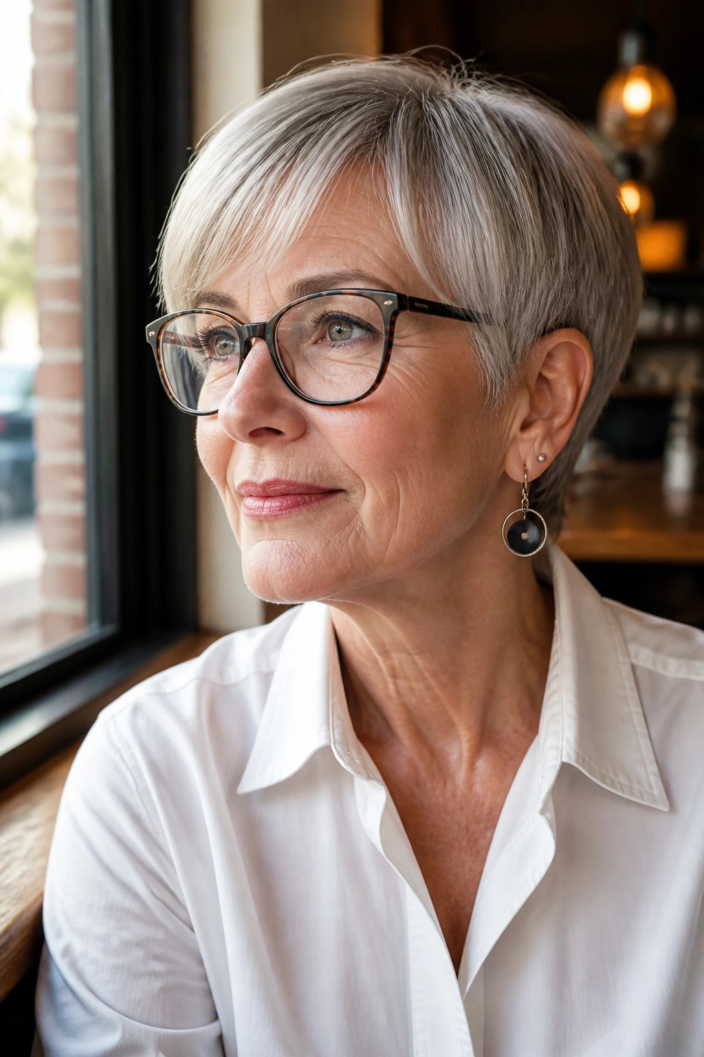Portrait of a real woman with short straight haircut wearing glasses
