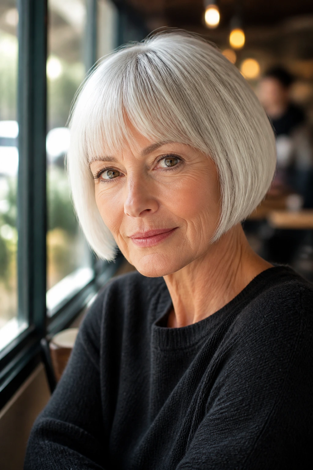 Portrait of an older woman with a short straight haircut illustrating the concept