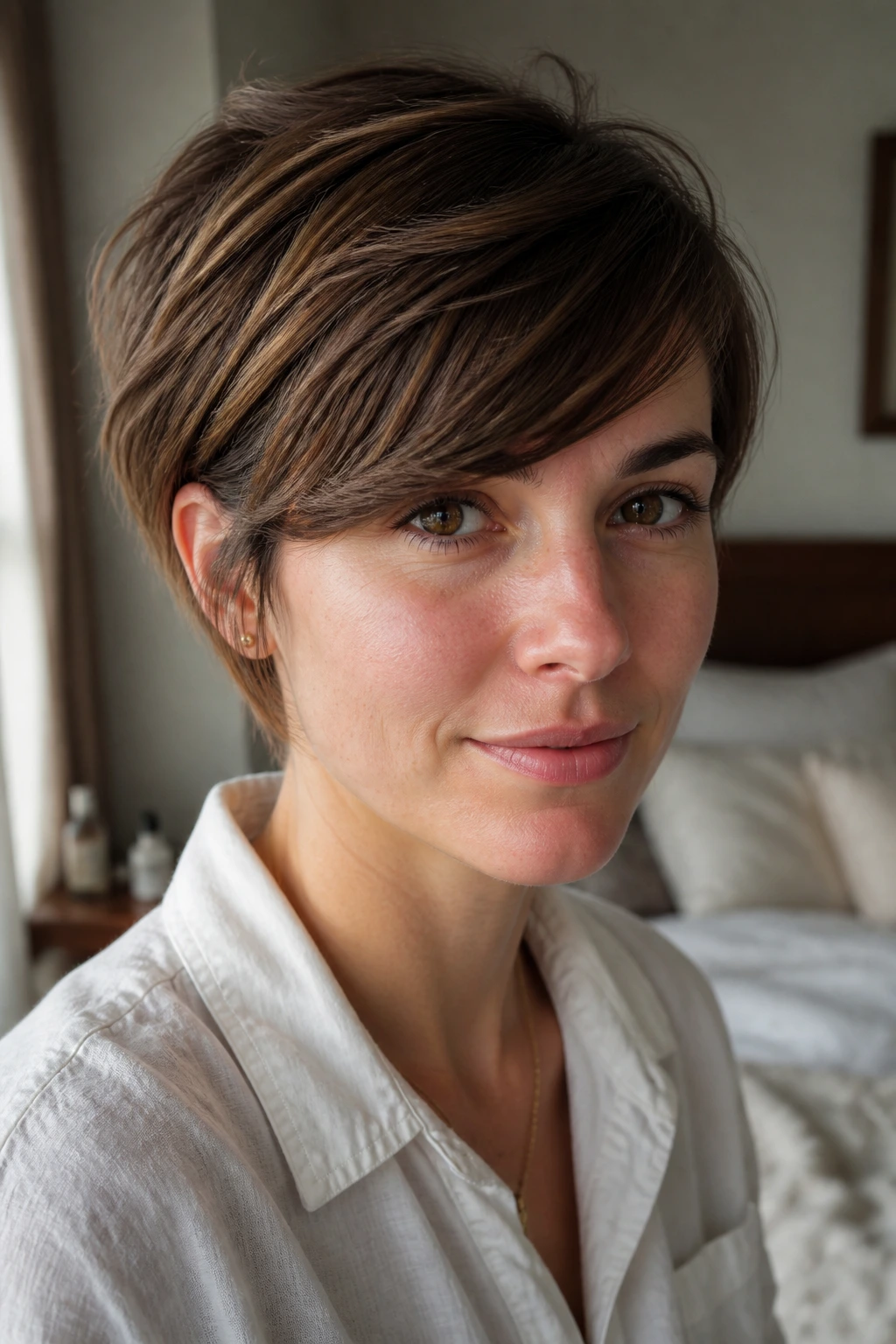 Close-up of a real woman with short swoopy bangs in warm window light