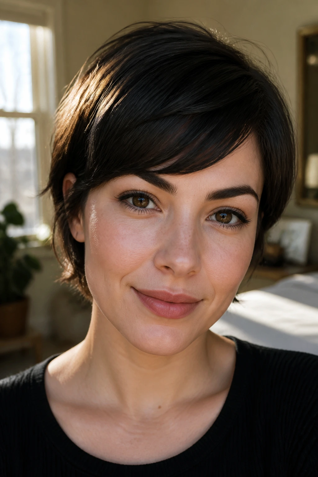 Close-up portrait of a woman with short swoopy bangs in warm window light