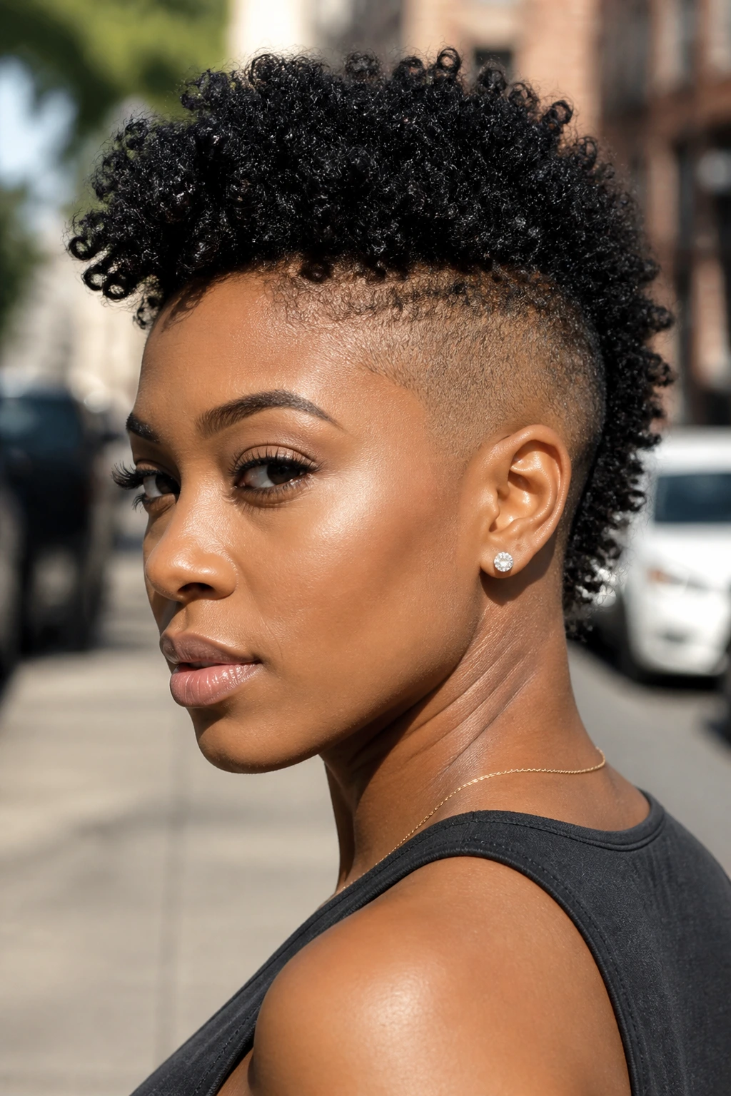 Close-up of Short Taper Fade Mohawk on a real woman with crisp faded sides and longer center