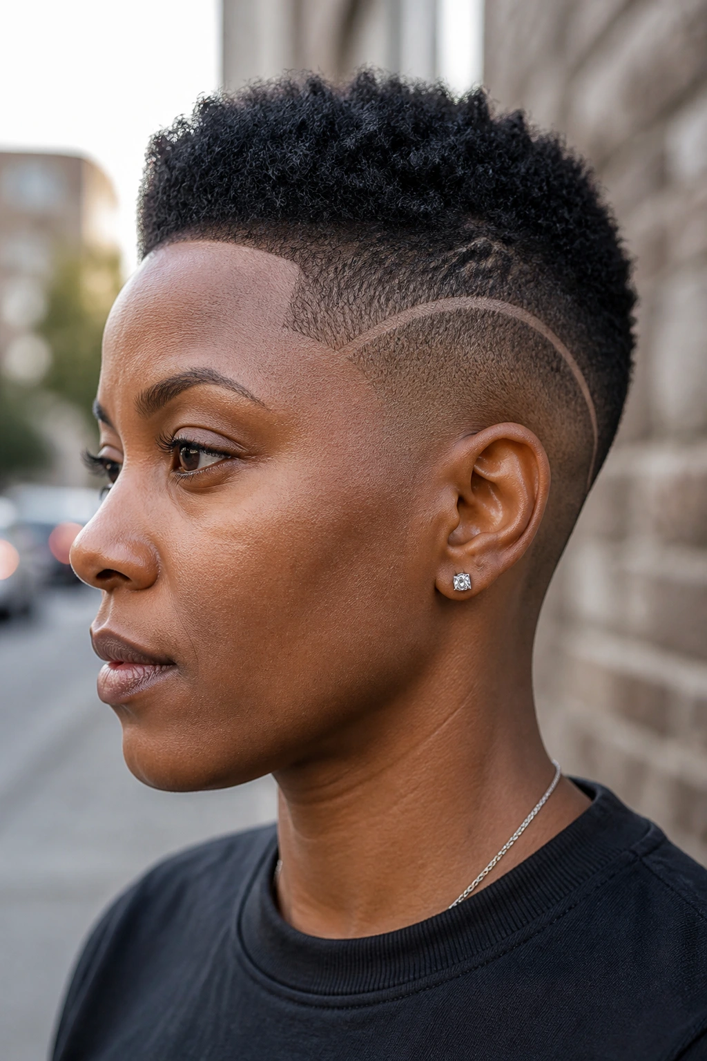 Close-up of a real Black person with a short tapered cut and carved line
