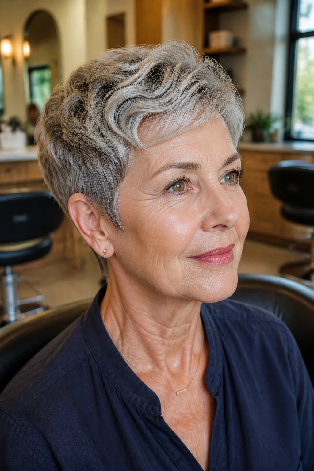 Close-up of an older woman with a soft short tapered wave crop