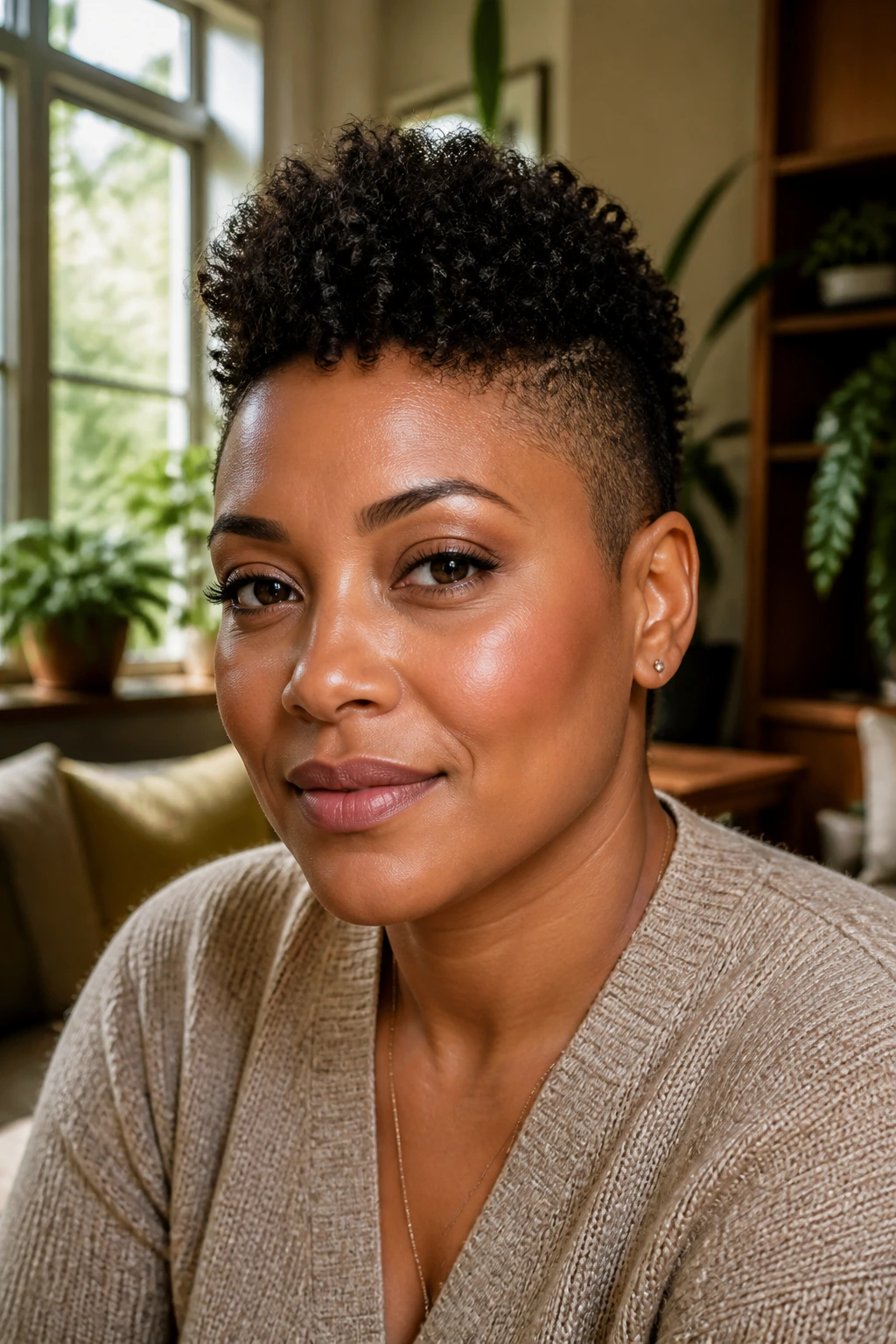 Close-up of a woman with a short natural tapered hawk in a sunlit living room.