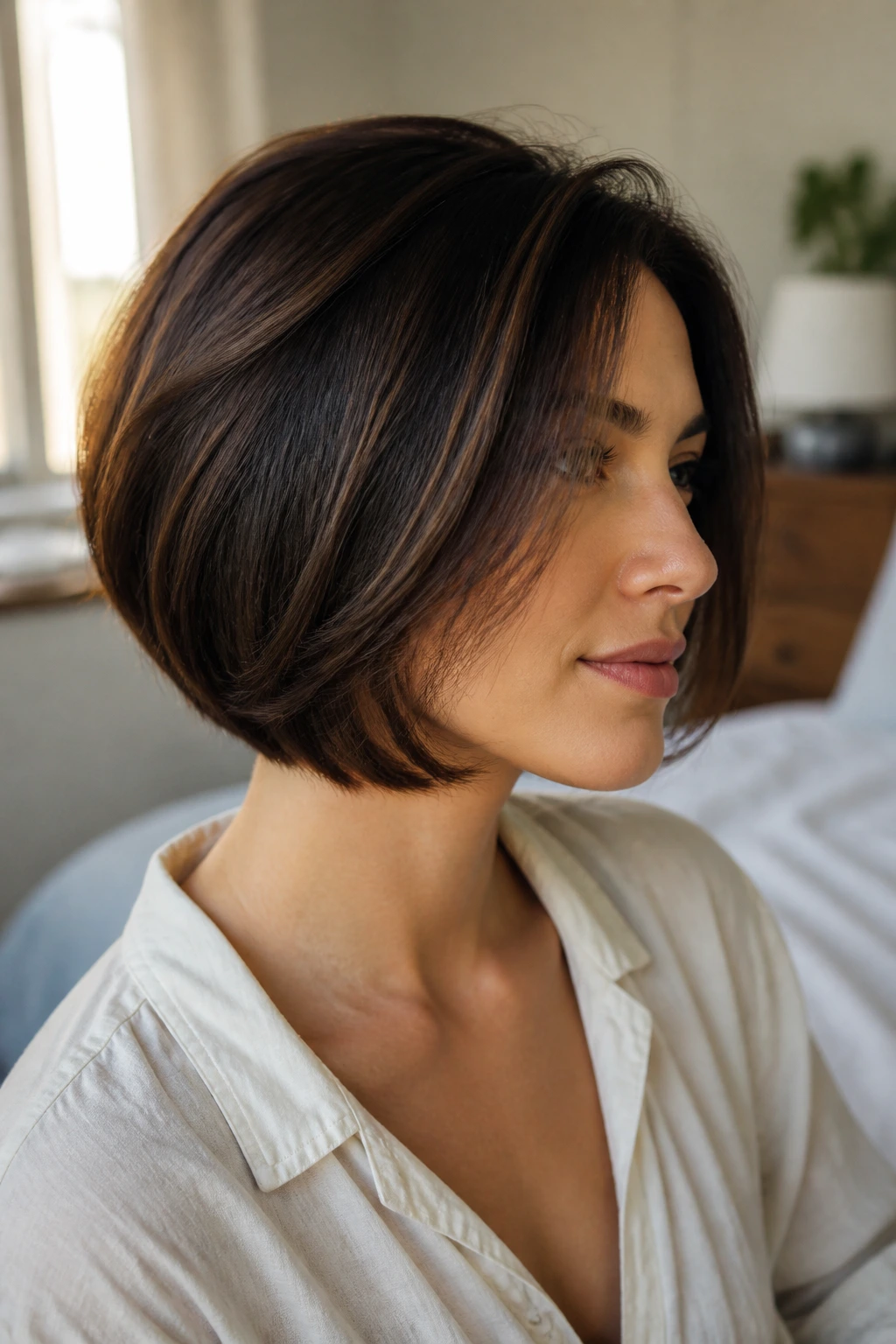 Close-up of a real person with a short thick bob showing crown lift and smooth ends in natural light