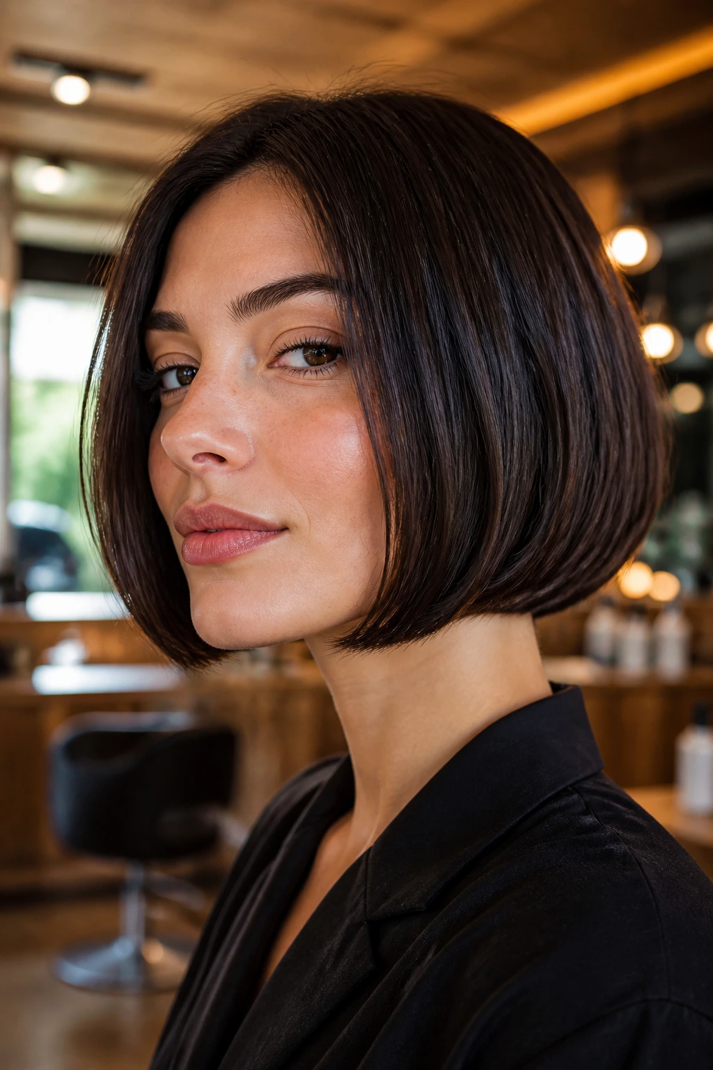Close-up portrait of a real woman showing a short thick bob with a strong silhouette