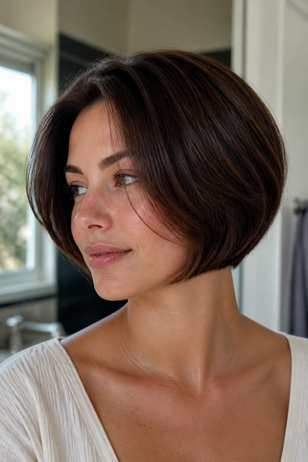 Close-up of a woman with a short thick bob avoiding triangle silhouette