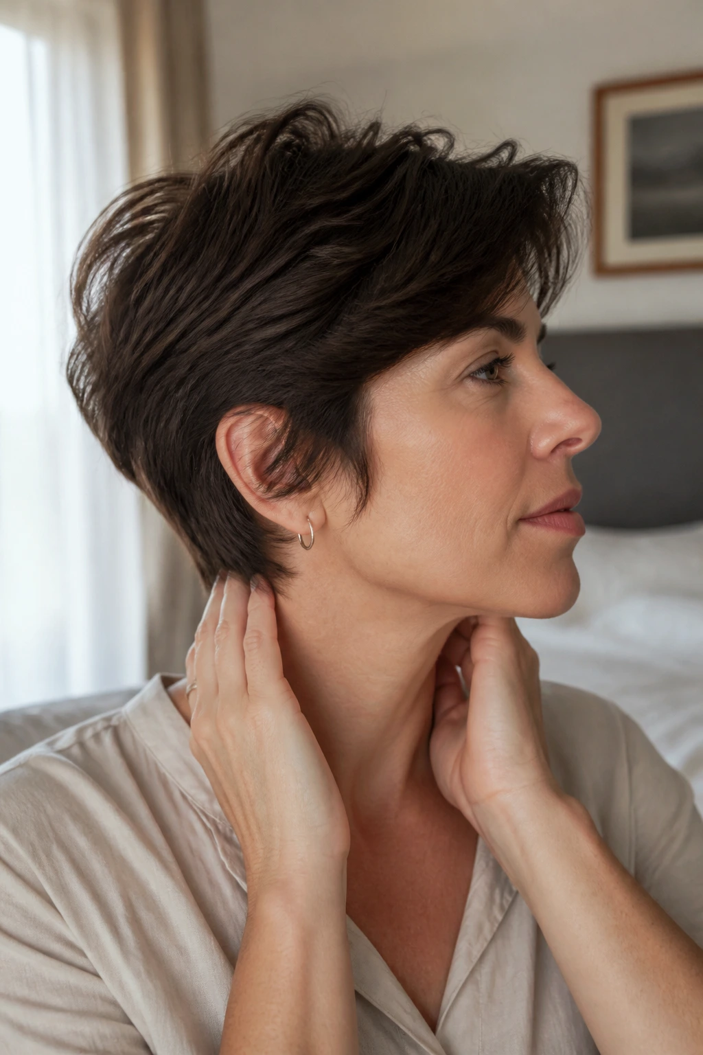 Portrait of a woman with short thick hair being gently reshaped at home between salon visits