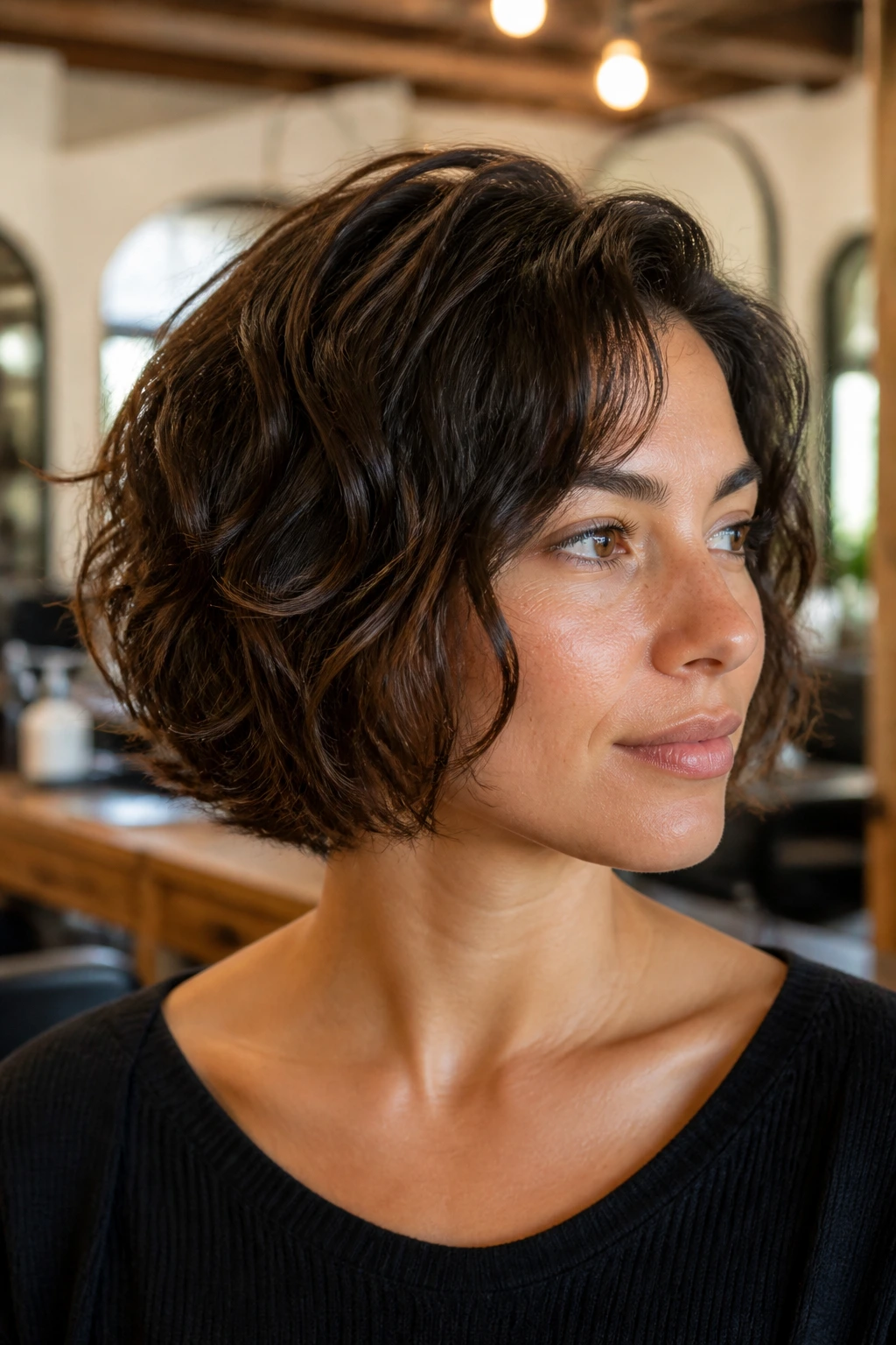 Close-up of a real woman with short thick waves showing layered ends in a sunlit salon