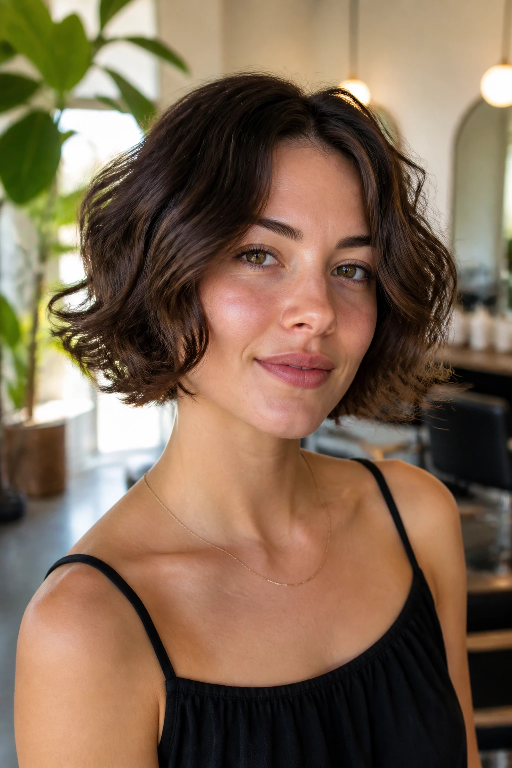 Close-up portrait of a real person with a chin-length thick, wavy haircut in a bright salon