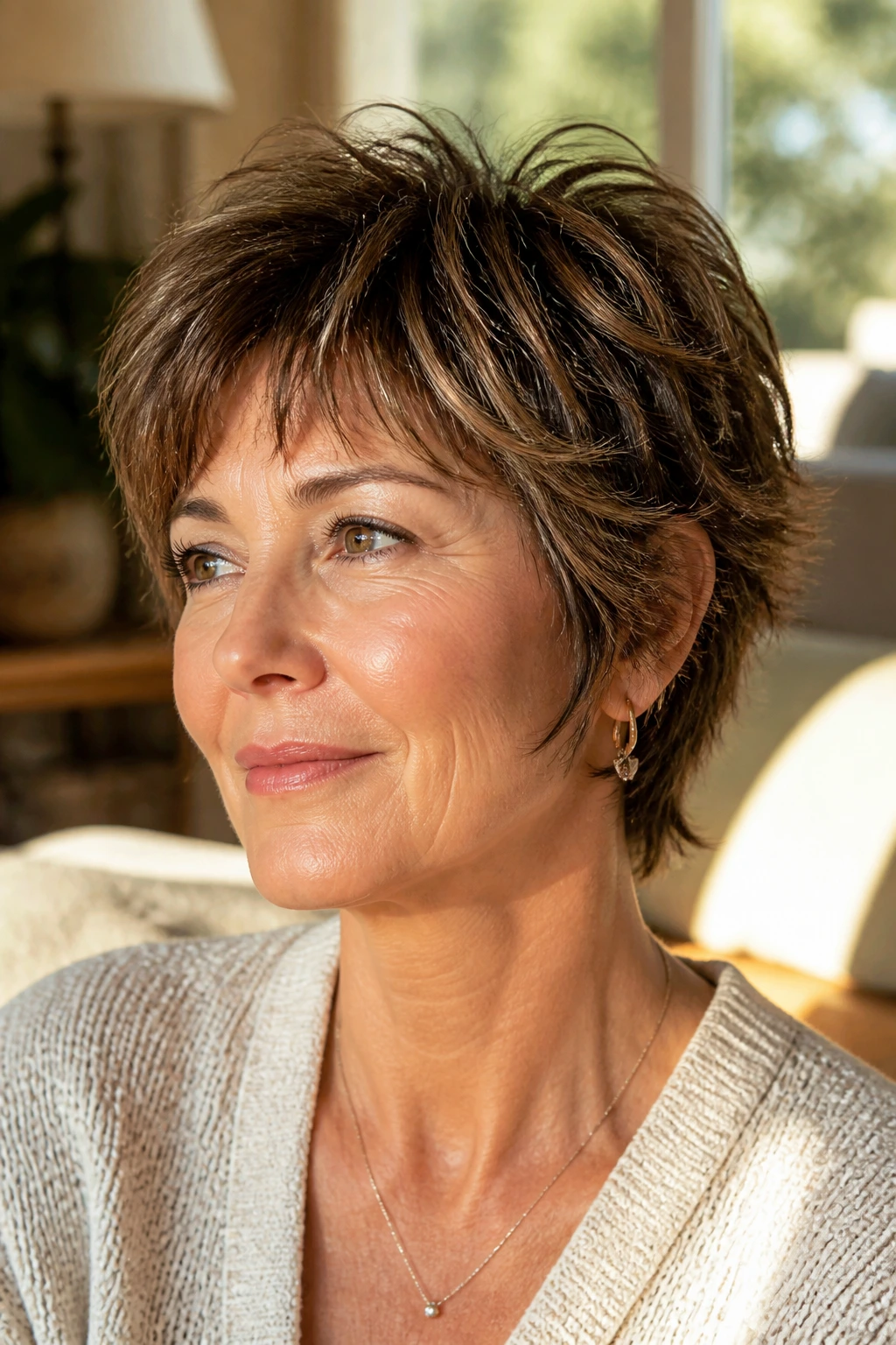 Close-up of a real person with a short shag showing crown lift and textured perimeter.