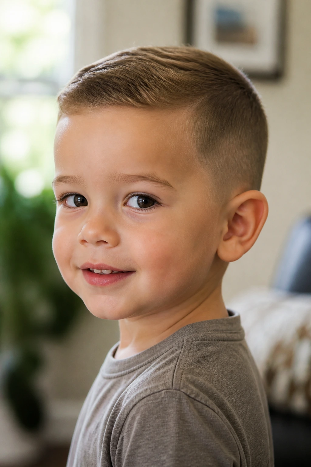 Toddler with short haircut in a home setting.