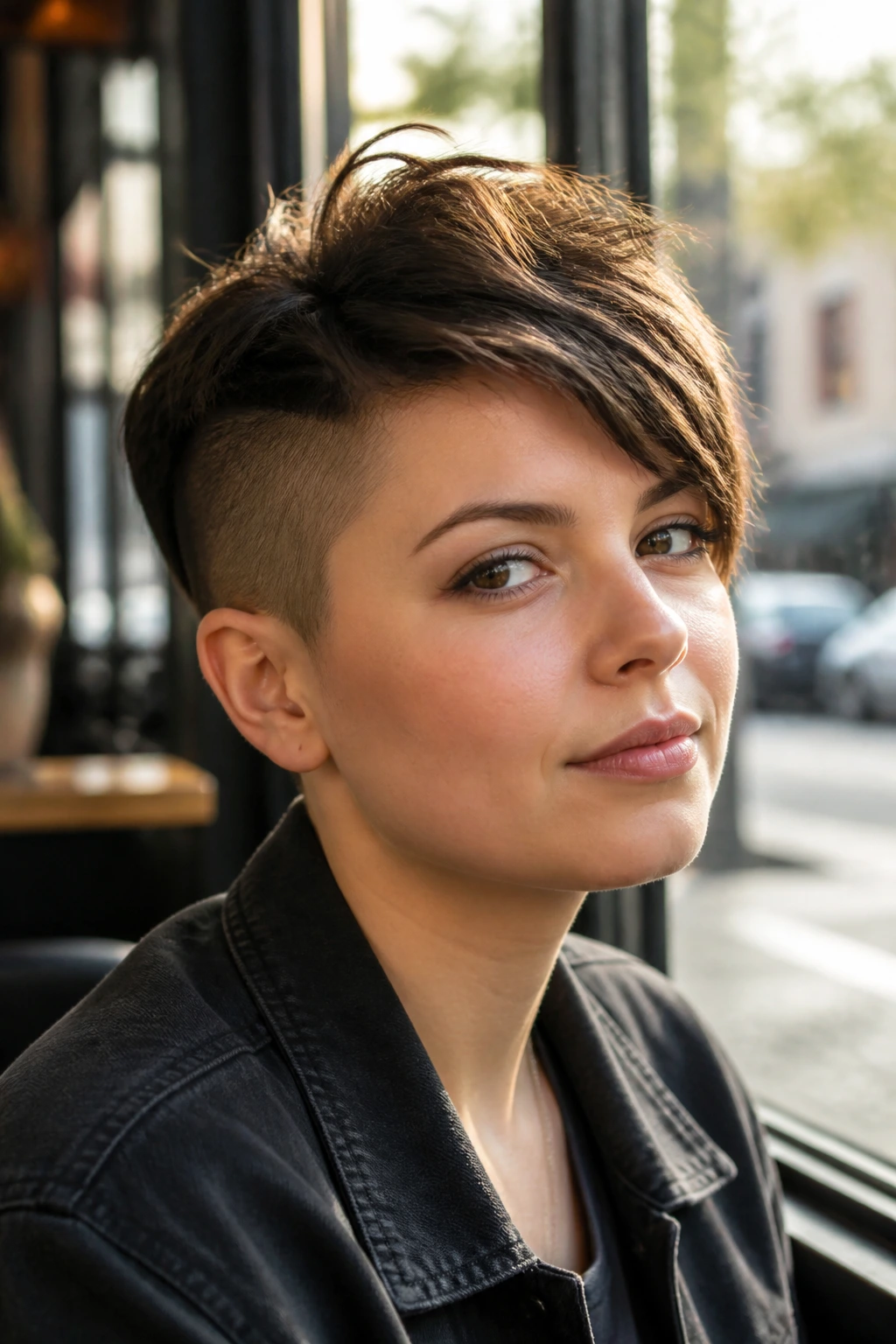 Portrait of a real person with a short tomboy haircut featuring shaved sides and diagonal fringe