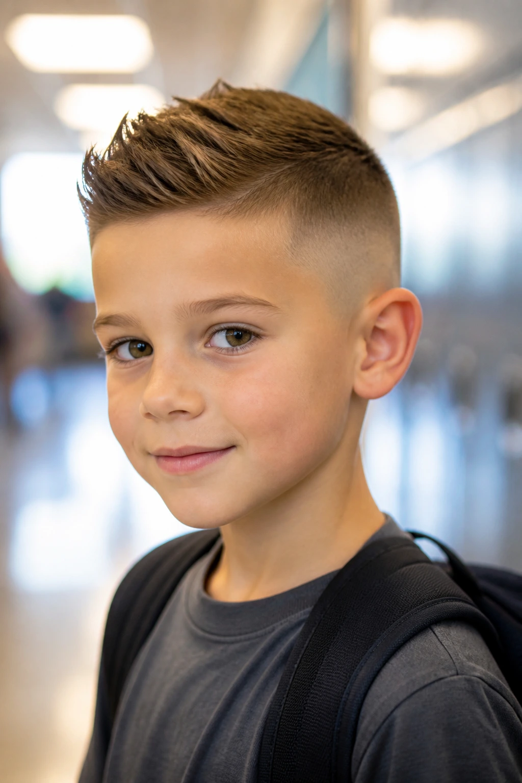 Portrait of a boy with a helmet-friendly short top and low fade in a school hallway setting