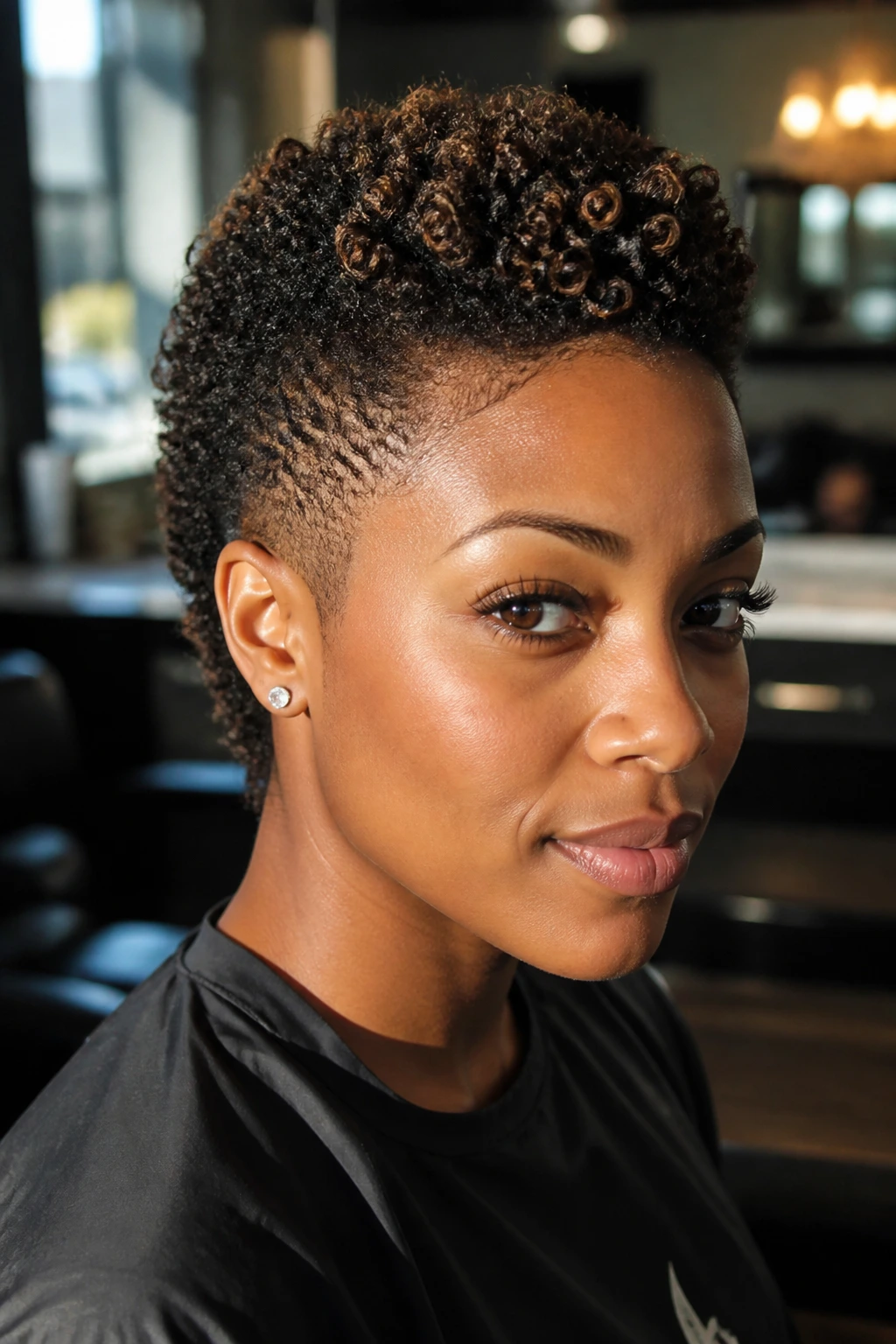 Close-up portrait of a real person with a short TWA curly mohawk in a salon