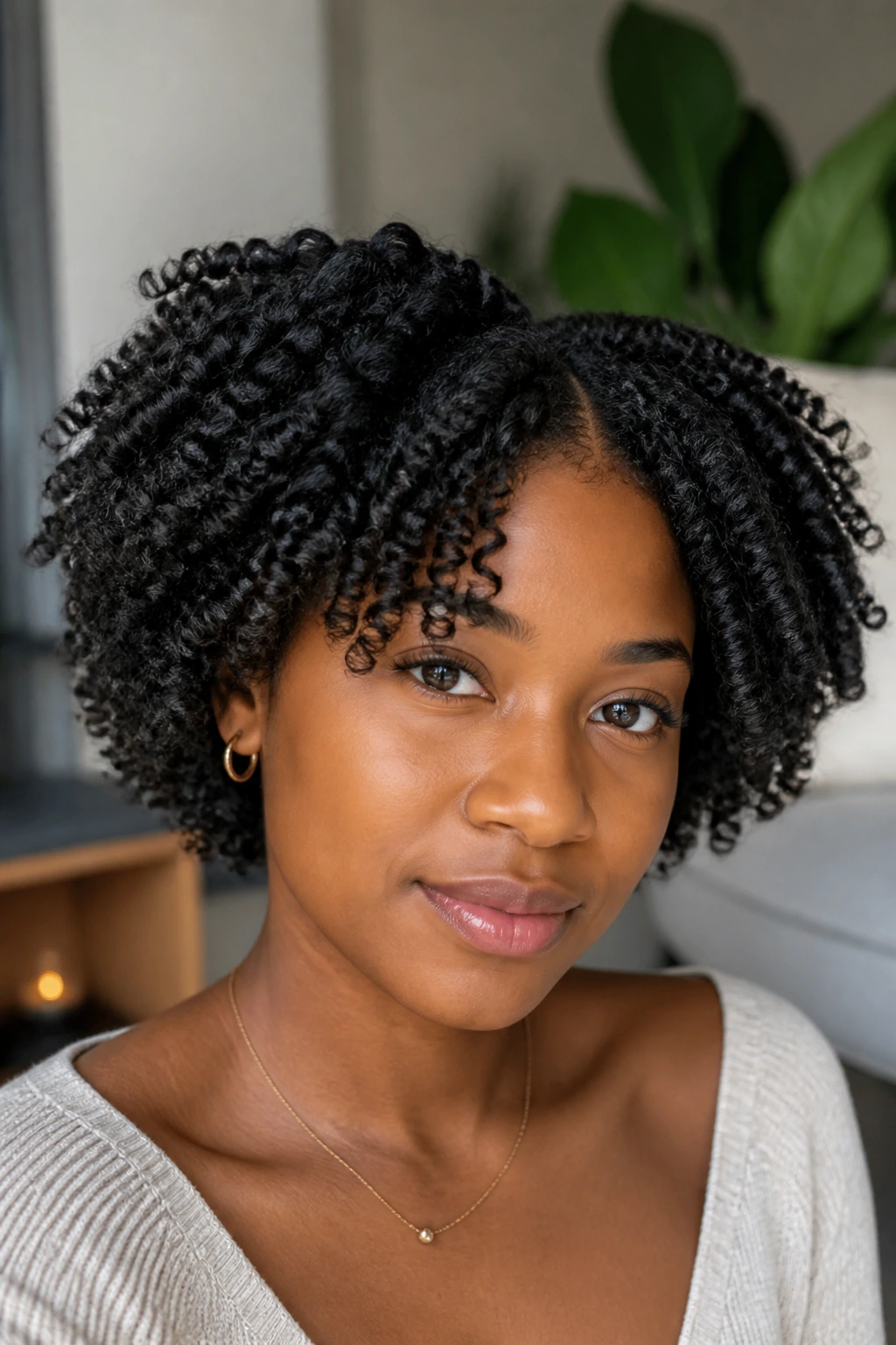 Close-up of a Black woman with a short twist-out forming a bob silhouette.