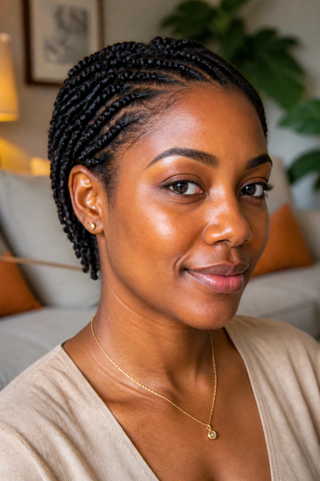 Close-up portrait of a real woman with short Senegalese twists tucked at the nape