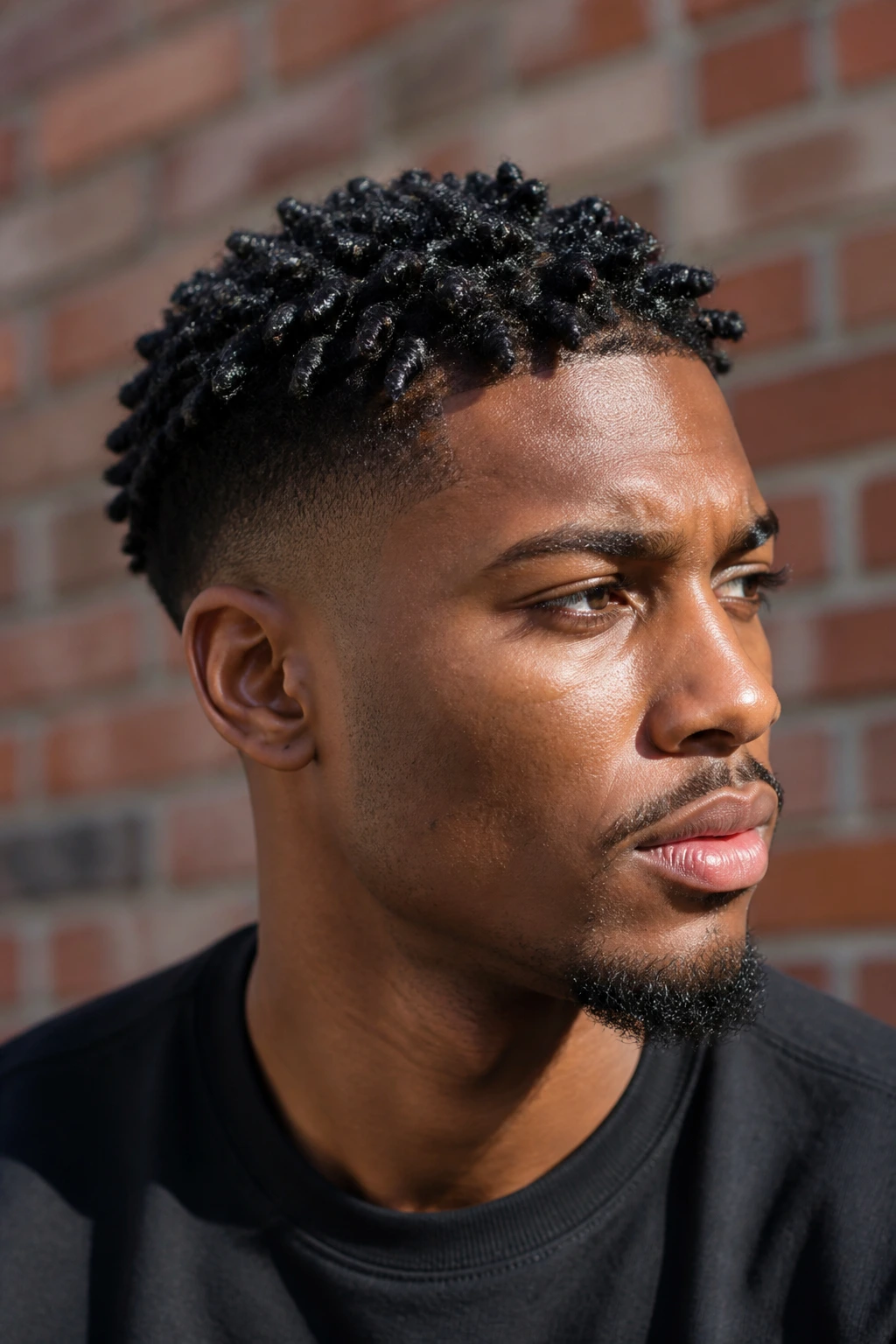 Close-up portrait of a man with short twists and temple fade.
