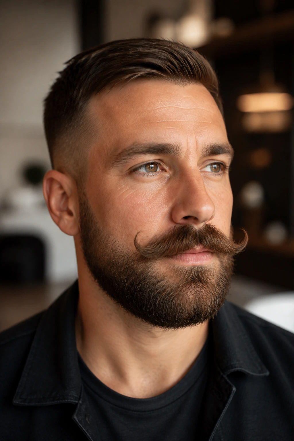 Close-up of a man with a short Verdi mustache and neat beard