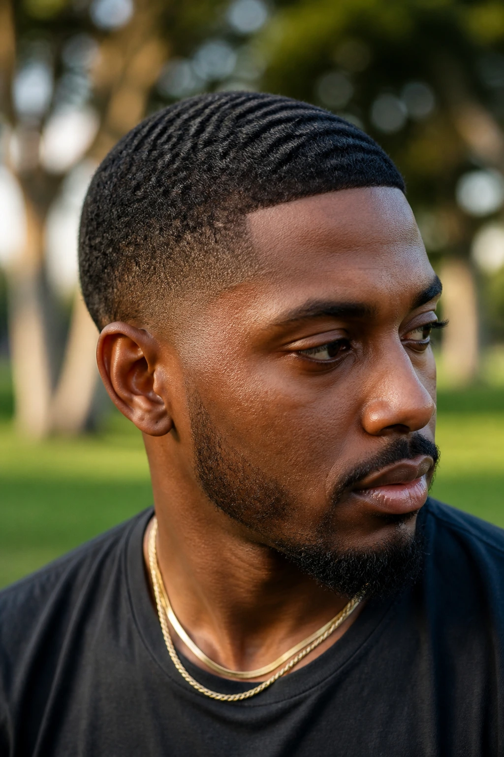 Close-up of a real man with short wave buzz in a park under natural light.