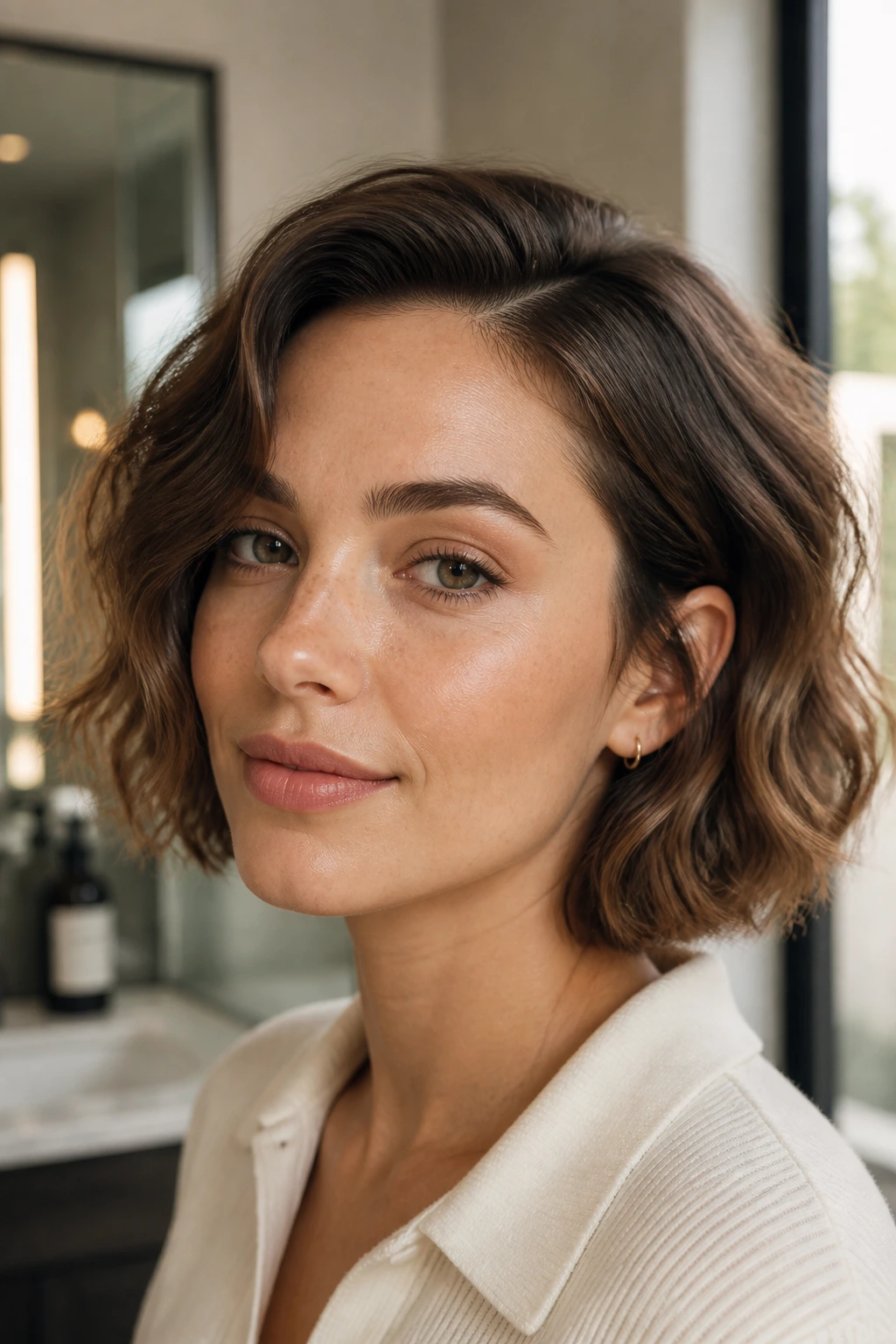 Portrait of a woman with chin-length bob and subtle waves
