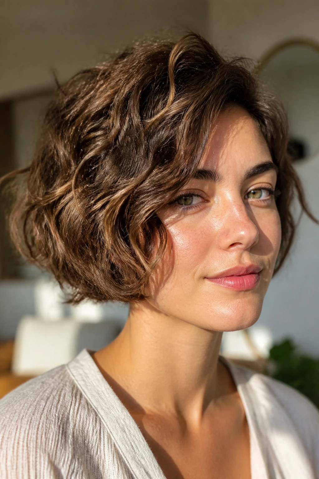 Close-up of a real person with short textured waves in natural light