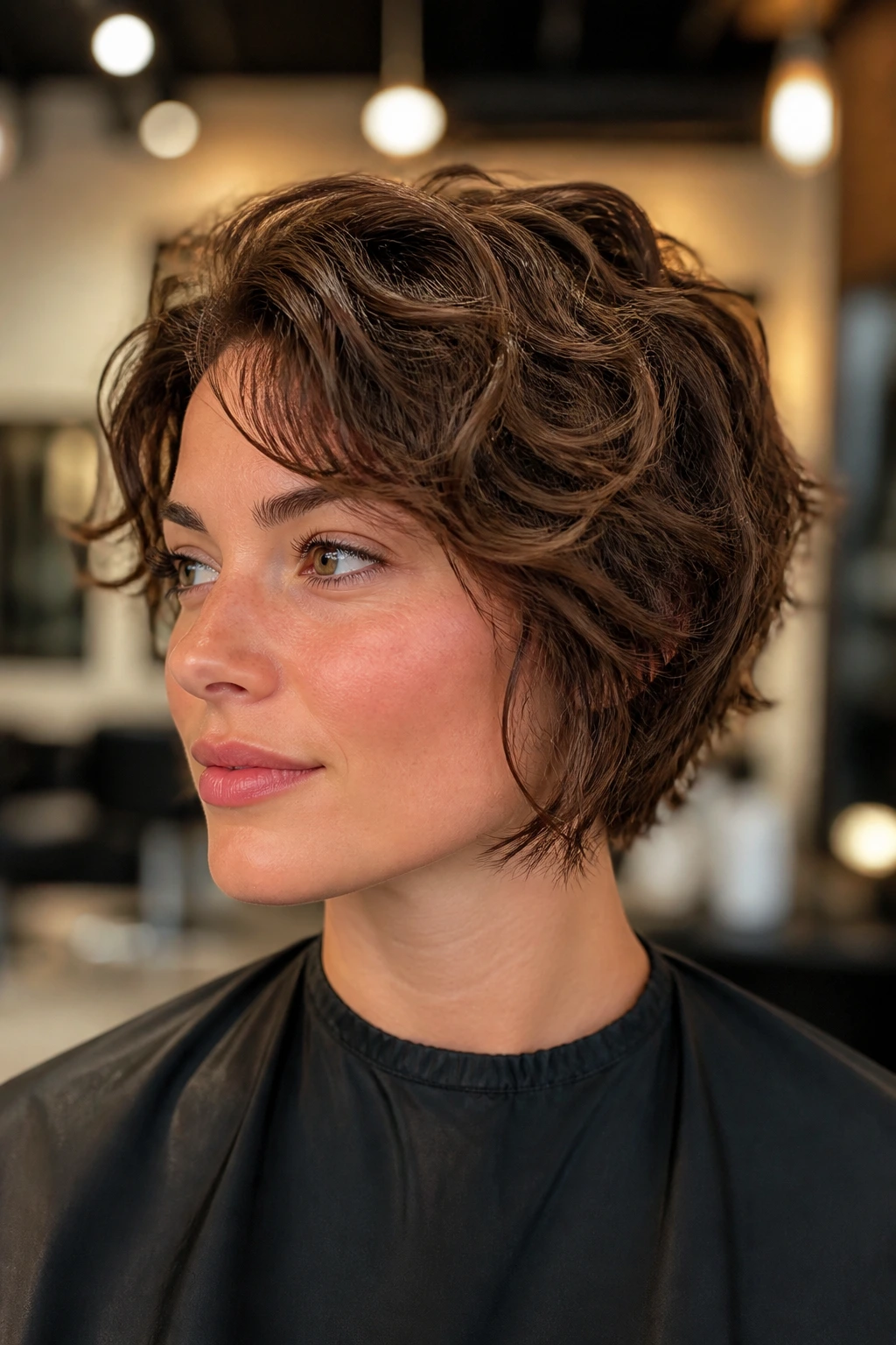 Close-up portrait of a person with a short wavy cut showing defined shape in a salon