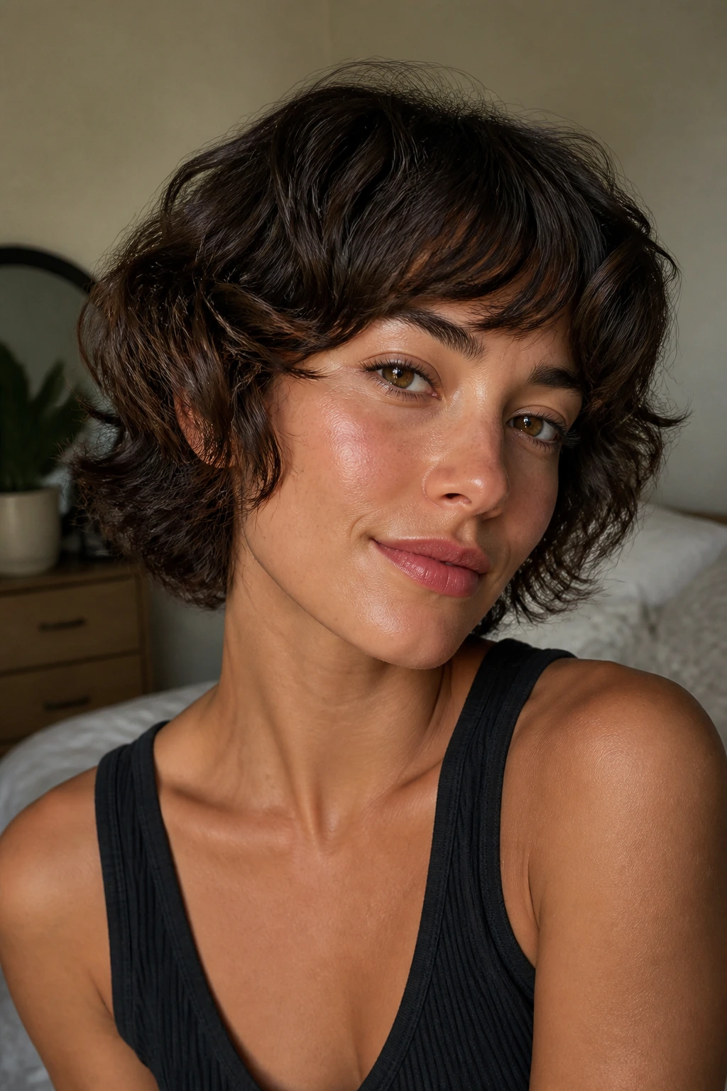 Close-up portrait of a real person with short waves and textured hair in a cozy bedroom