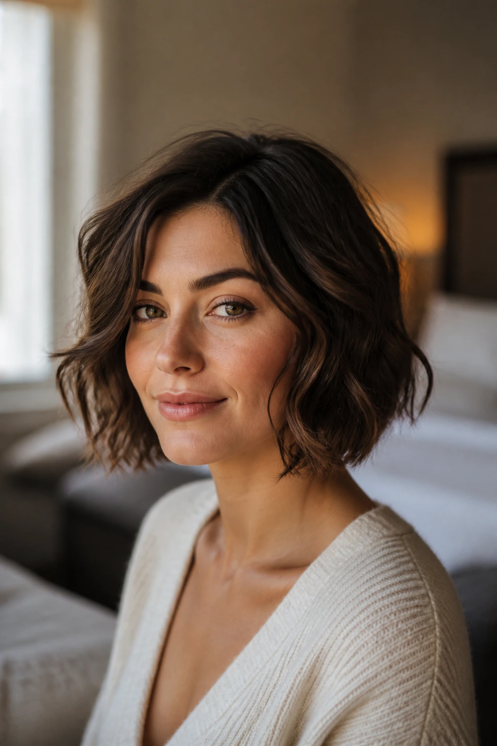 Close-up of a person with short, soft-textured waves around the jawline.