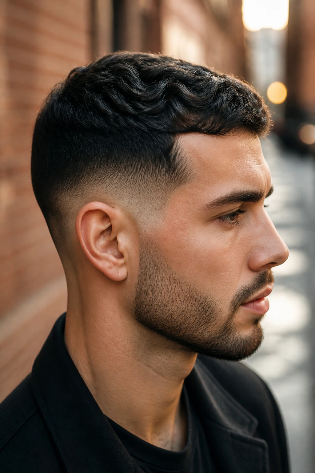 Close-up of a man with short waves and temple fade on a city street at golden hour