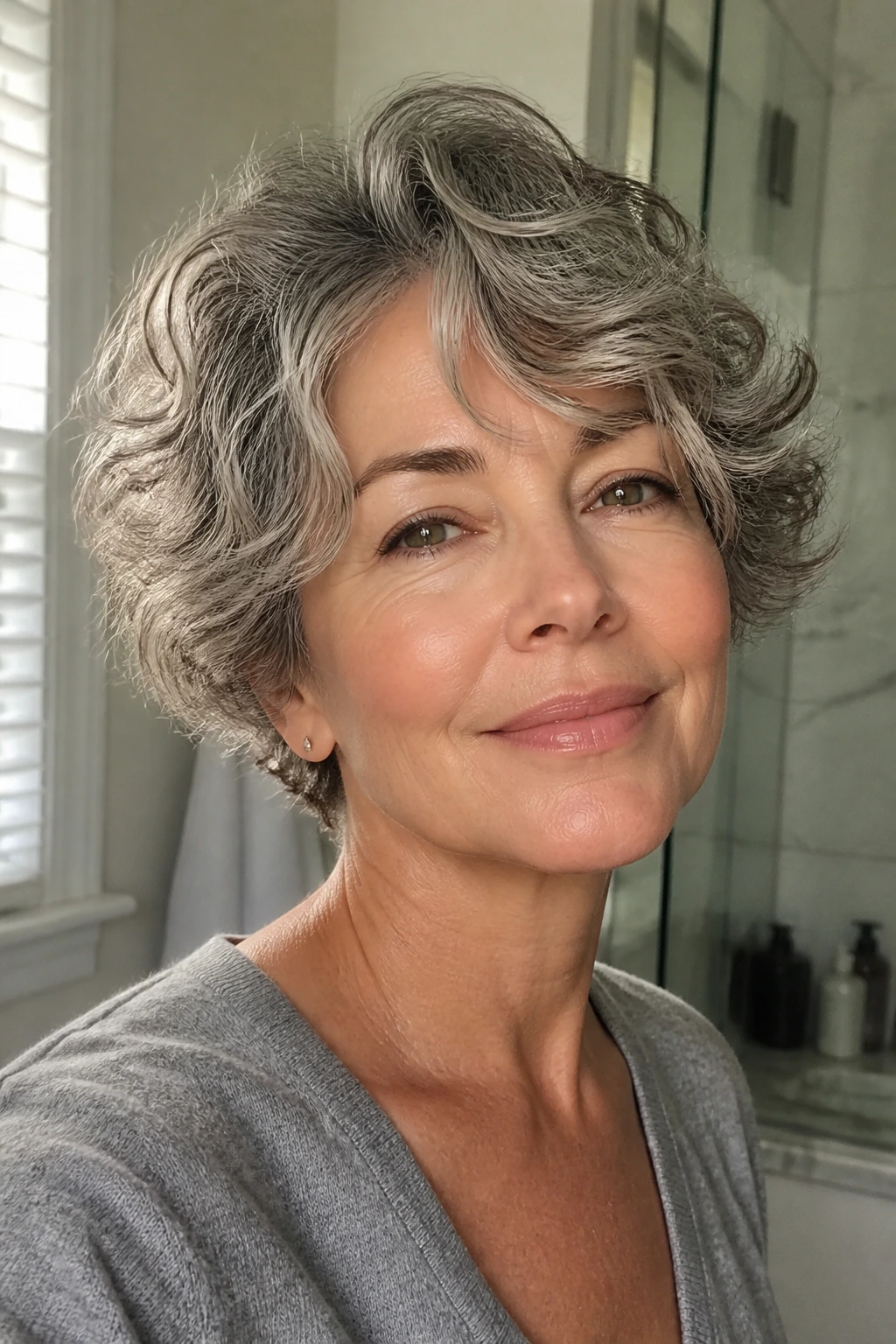 Real woman with short wavy hair styled to maintain bend, in a softly lit bathroom.