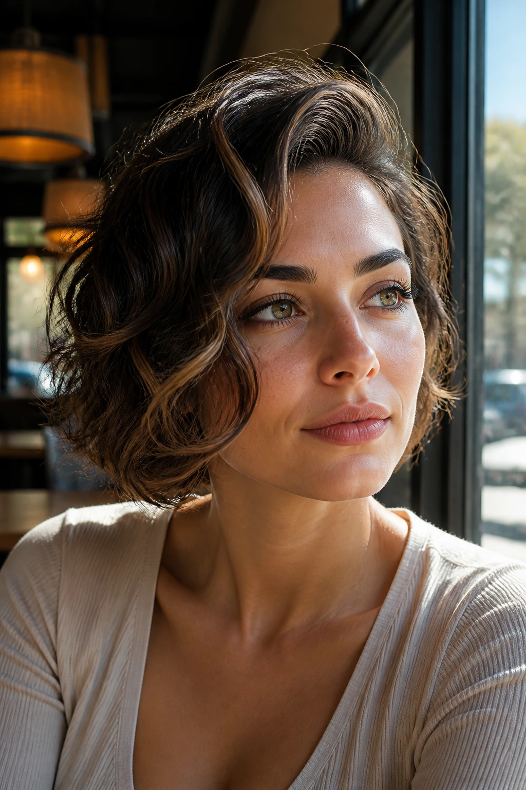 Portrait of a real woman with short wavy side-parted hair in a sunlit cafe