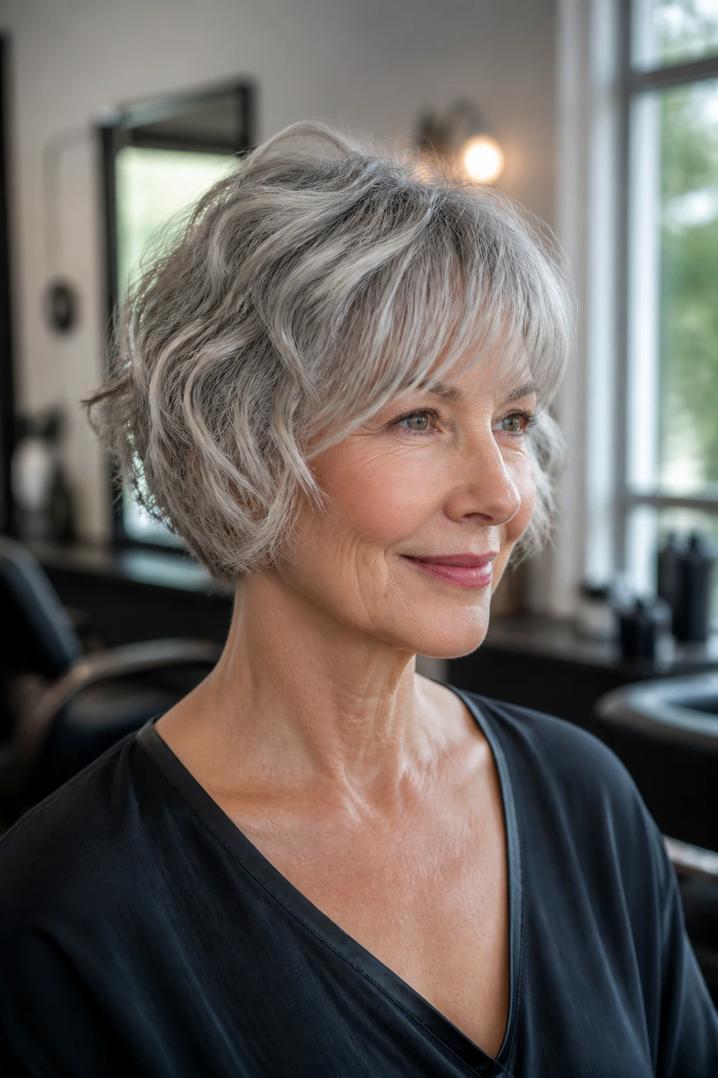 Close-up of an older woman with a short wavy silver-gray haircut showing a defined neckline and fringe