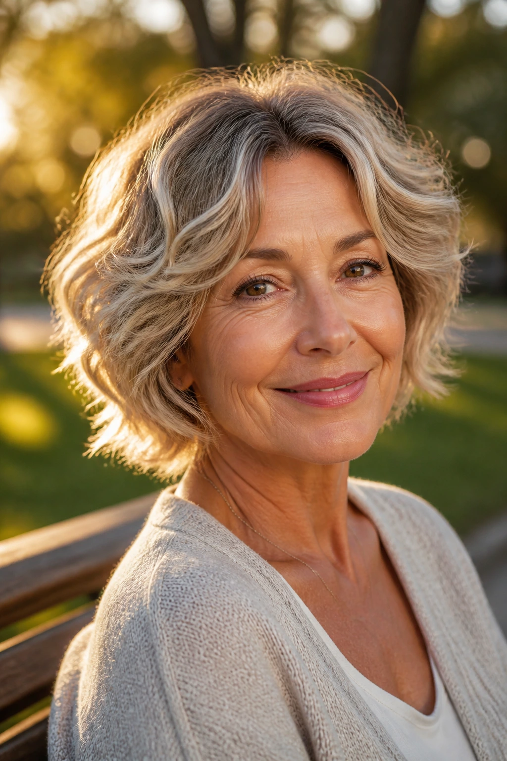 Close-up of older woman with short wavy hair and lighter ends in golden hour light.