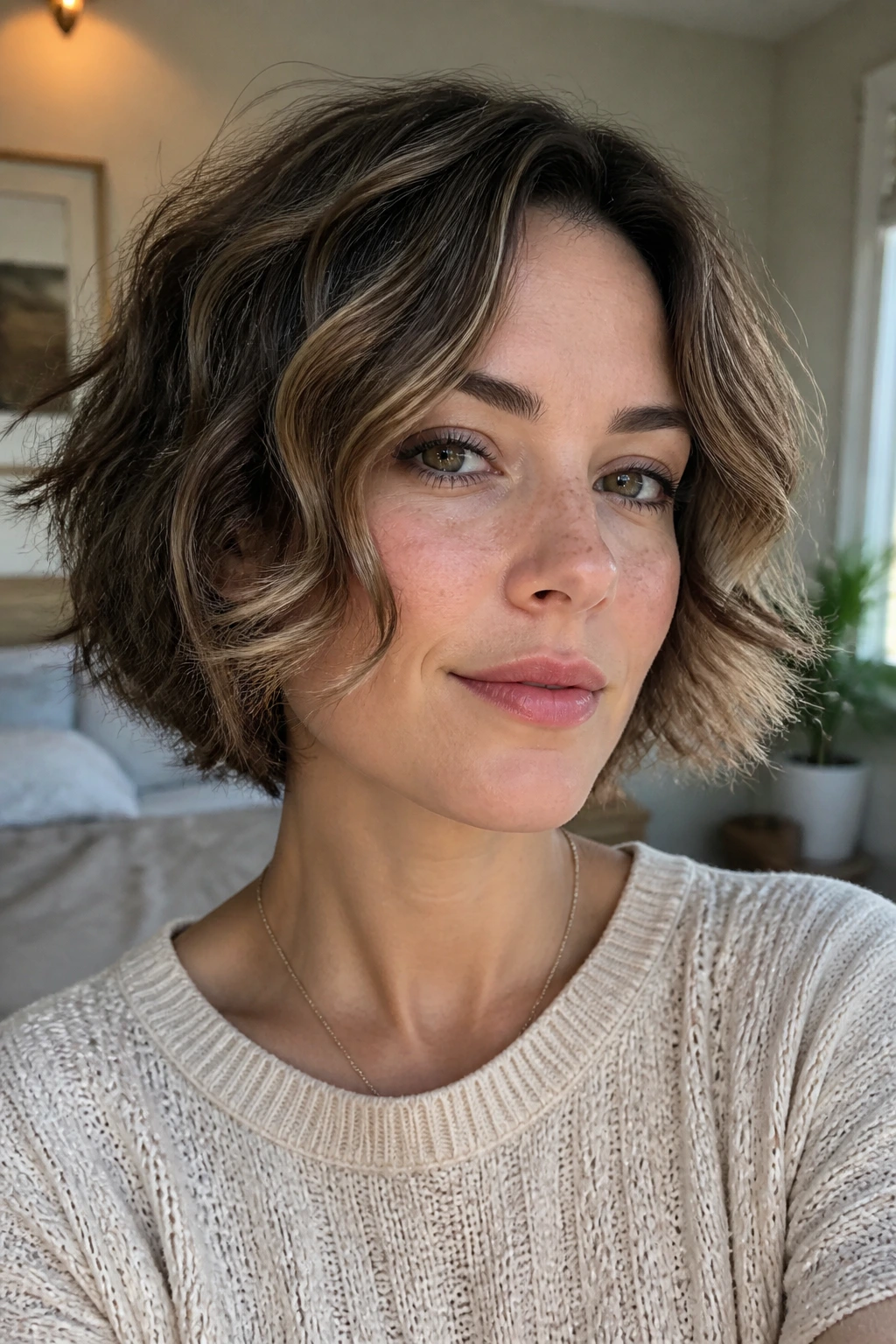 Close-up of a woman with chin-length wavy haircut framing her face in warm natural light