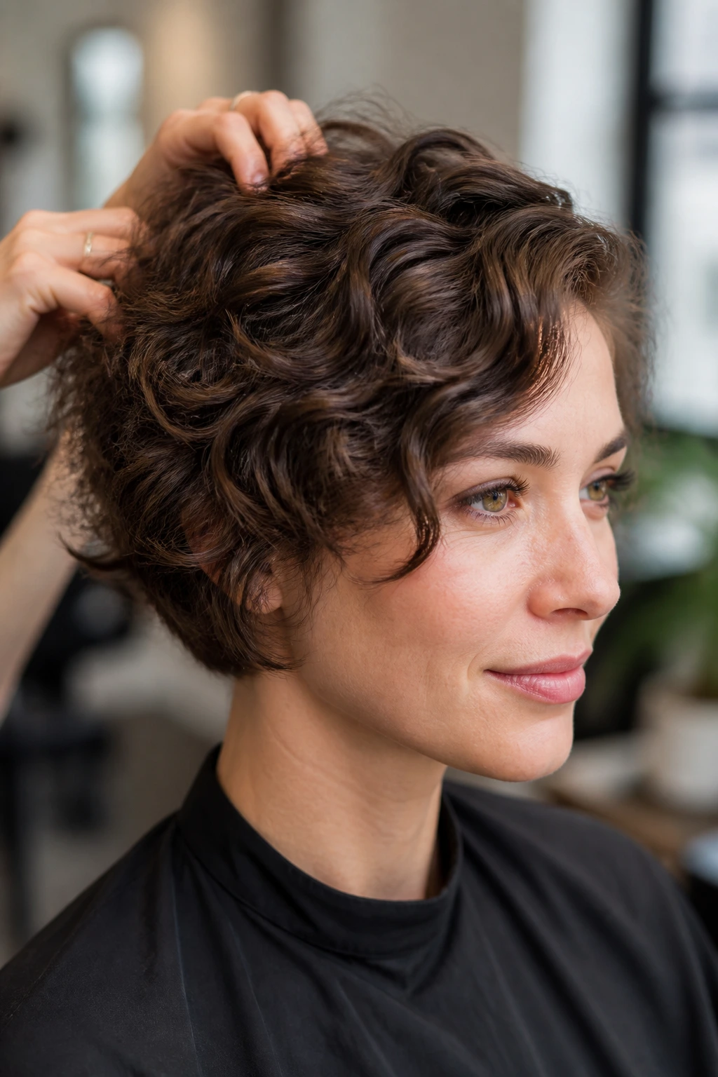 Close-up of a real person with short wavy hair in a salon chair, showcasing controlled curl and shape