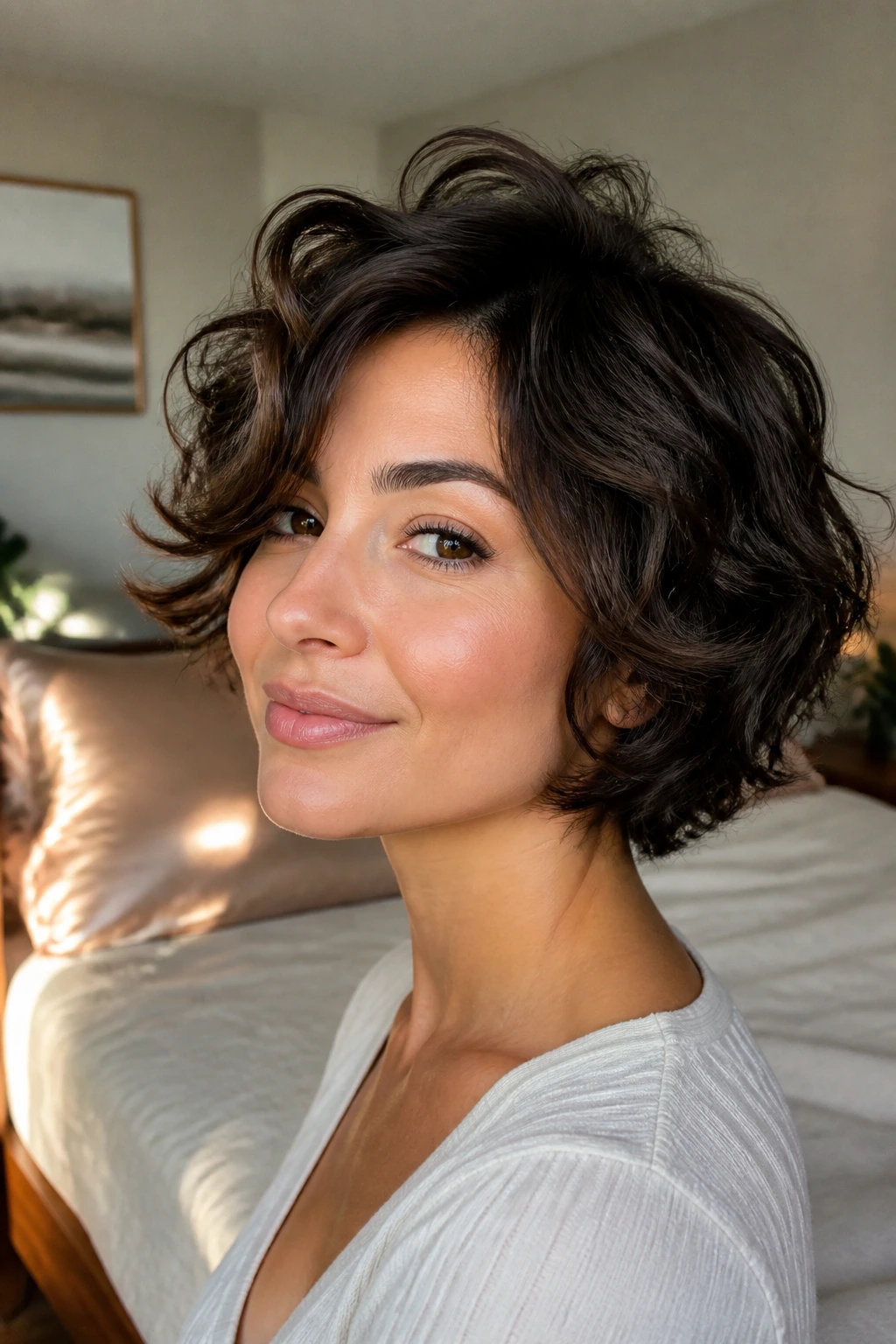 Portrait of a woman with short wavy hair showing shape preserved between washes