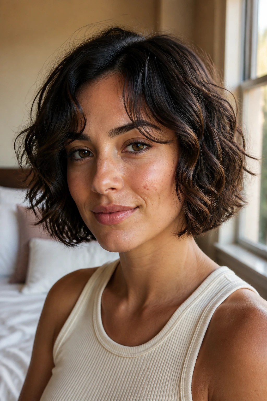 Portrait of real person with soft-cut short wavy hair showing balanced frame.