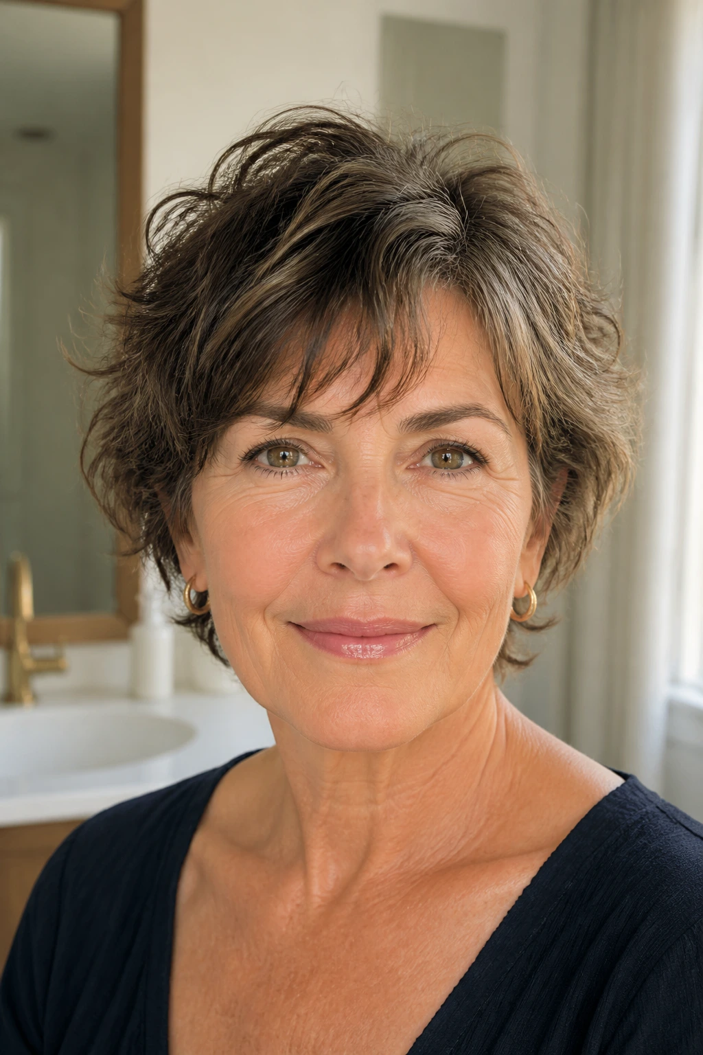 Close-up of a real woman with short wavy hair showing lift and texture from styling tools.