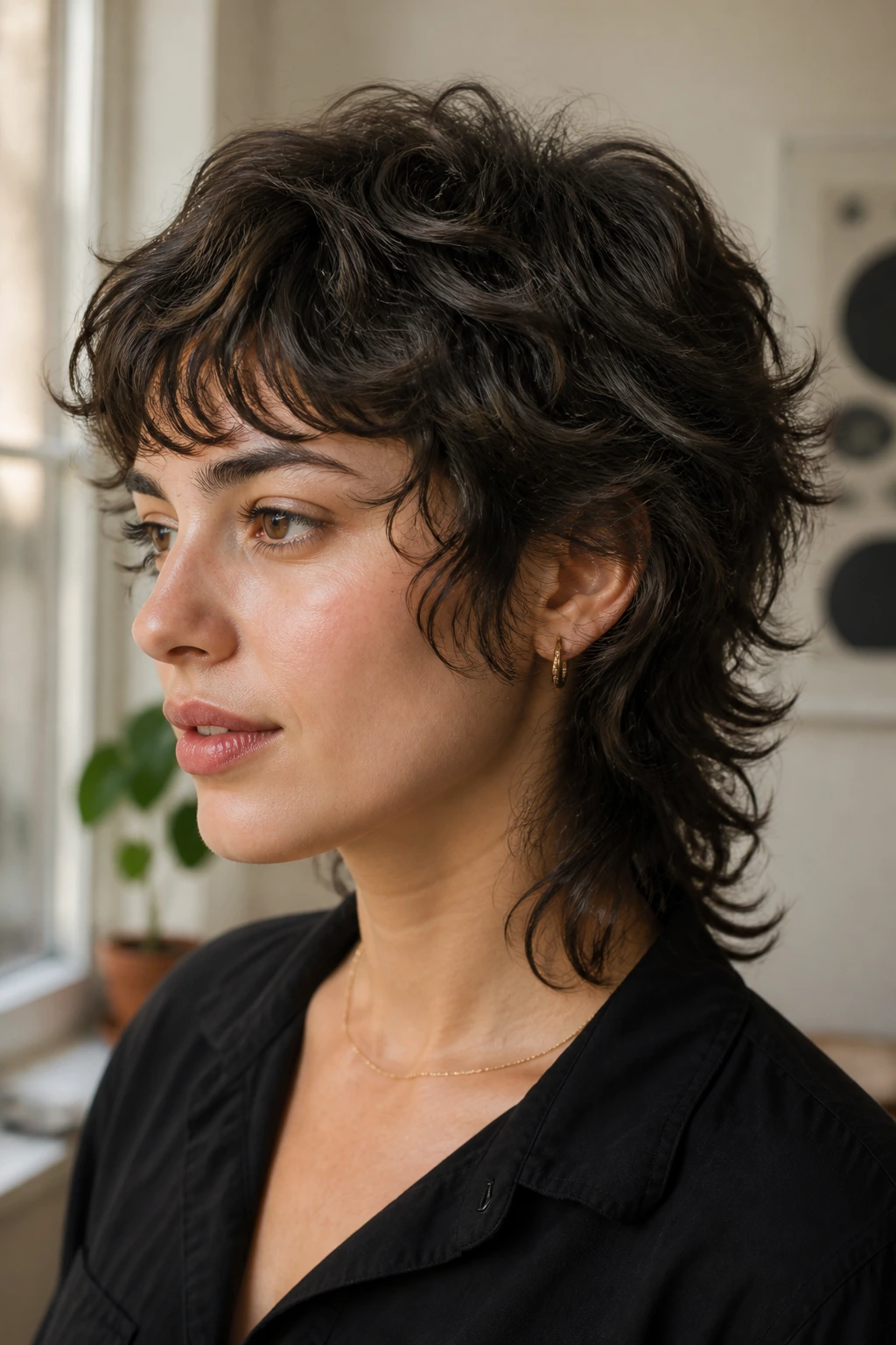 Portrait of real person with short wavy hair mullet silhouette in daylight interior