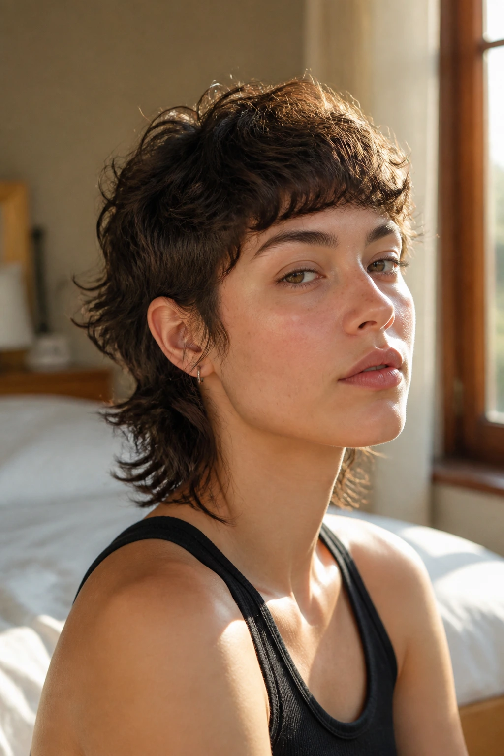 Portrait of a real person with a short wavy mullet, showcasing crown lift and textured waves