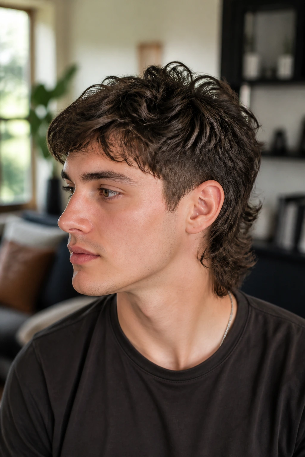 Portrait of person with short wavy mullet under soft window light
